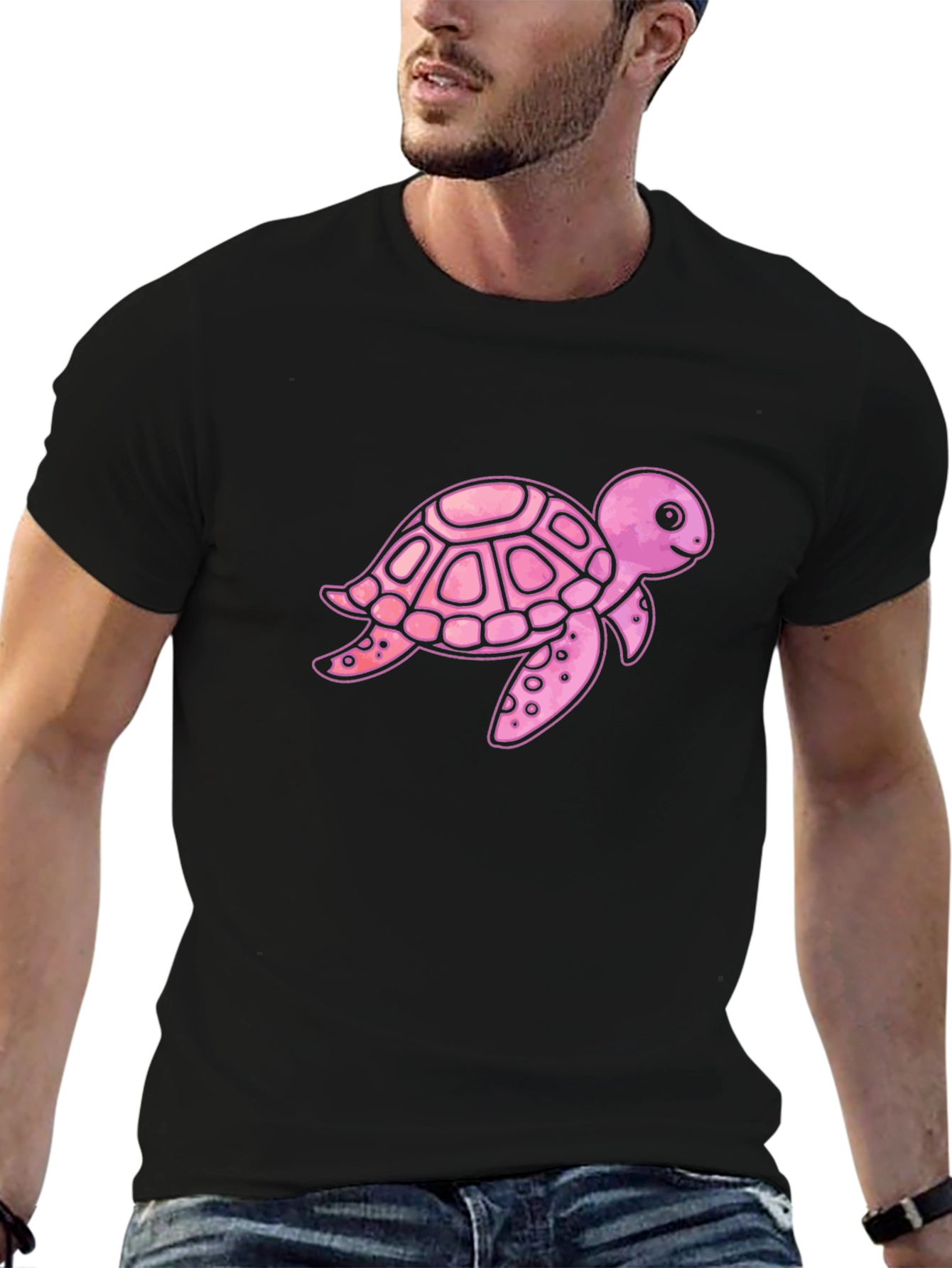 Pink Turtle Graphic Print Mens Black T-Shirt