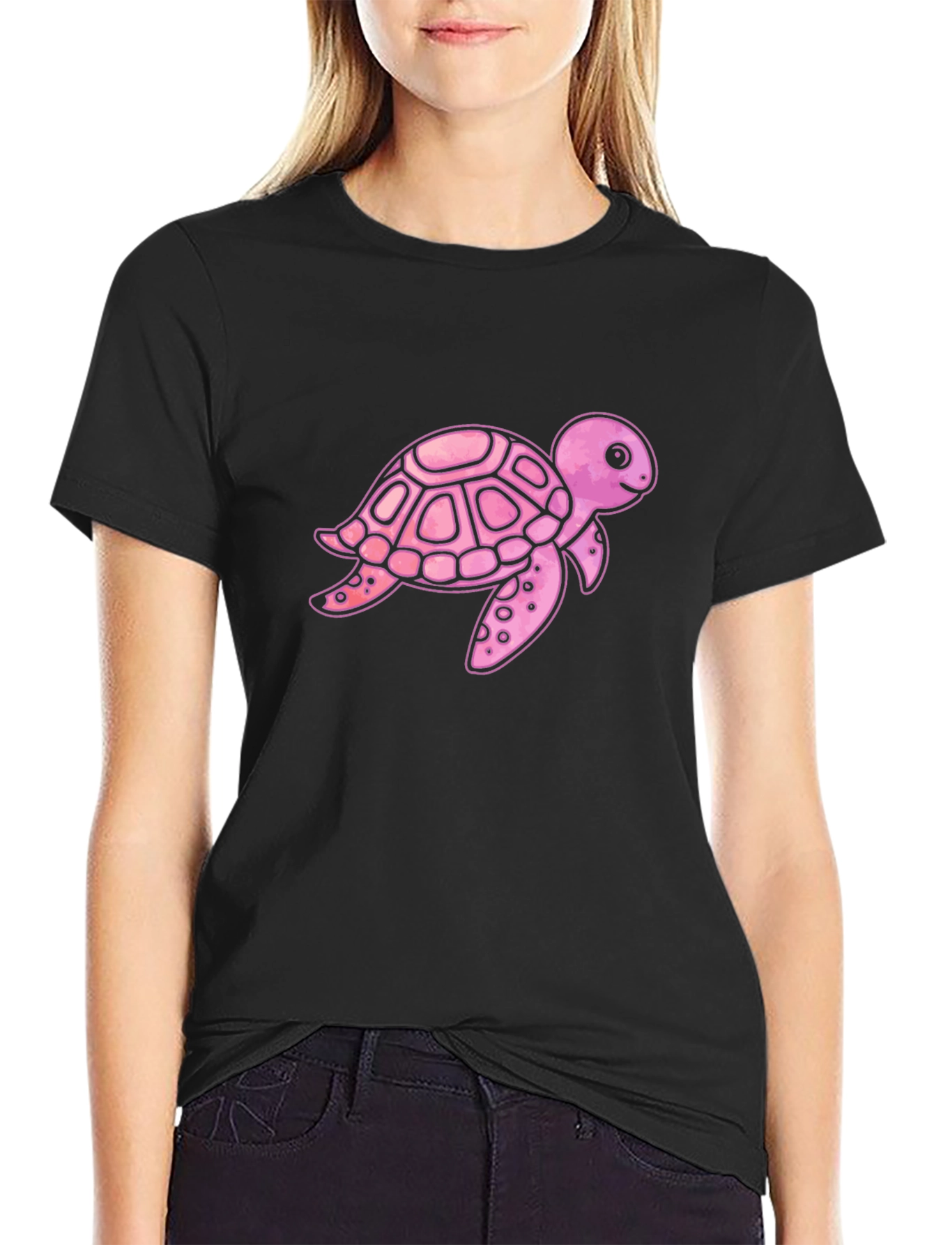 Pink Turtle Graphic Print Mens Black T-Shirt