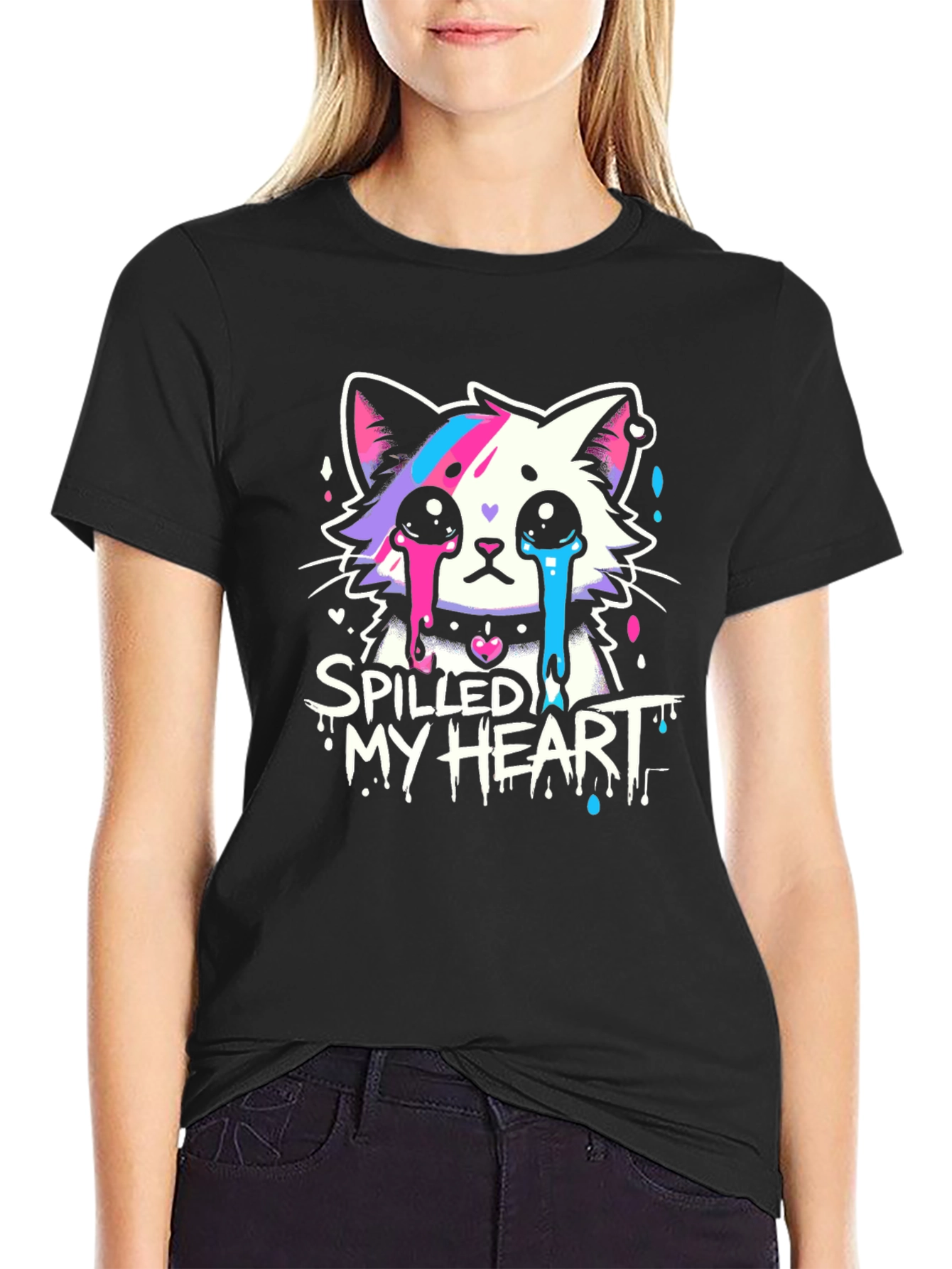 Spilled My Heart Cat Graphic Tee - Trendy Black T-Shirt