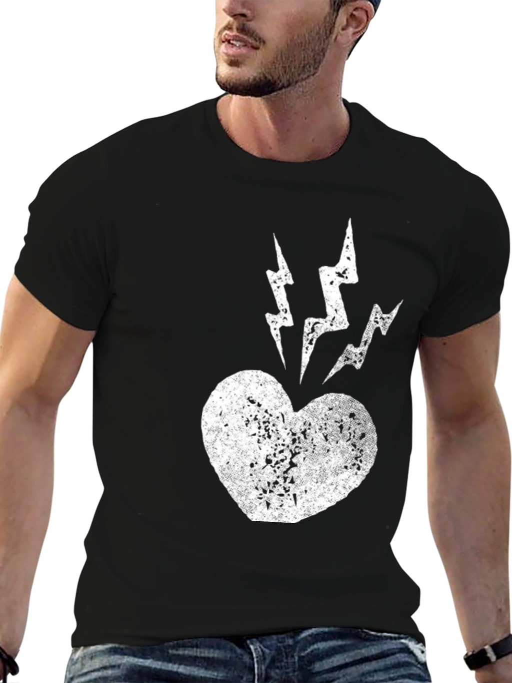 Heart Lightning Bolt Graphic Tee - Black Cotton
