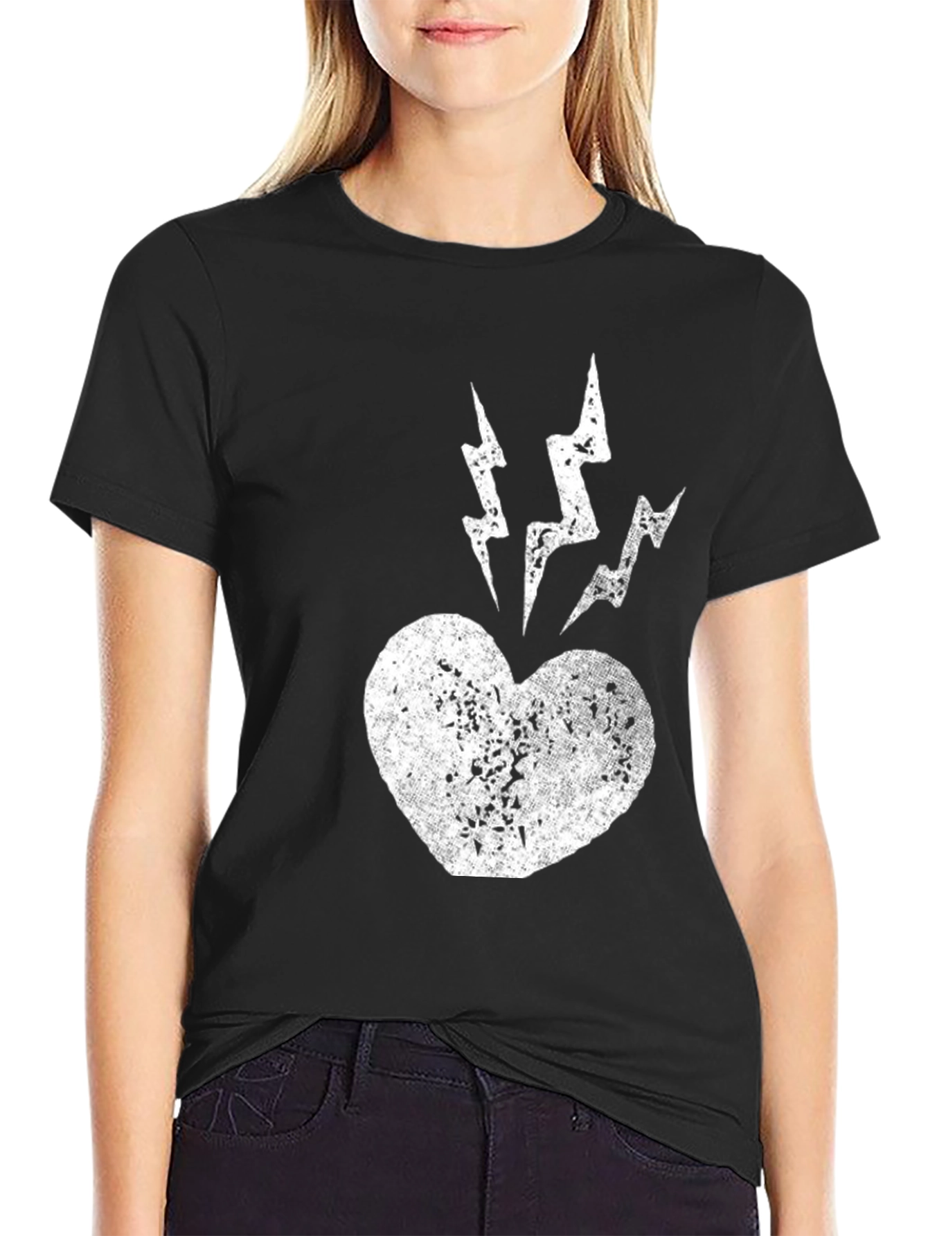 Heart Lightning Bolt Graphic Tee - Black Cotton
