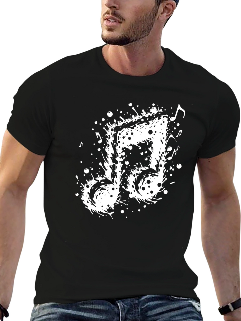 Musical Note Splatter Graphic Tee - Black Cotton
