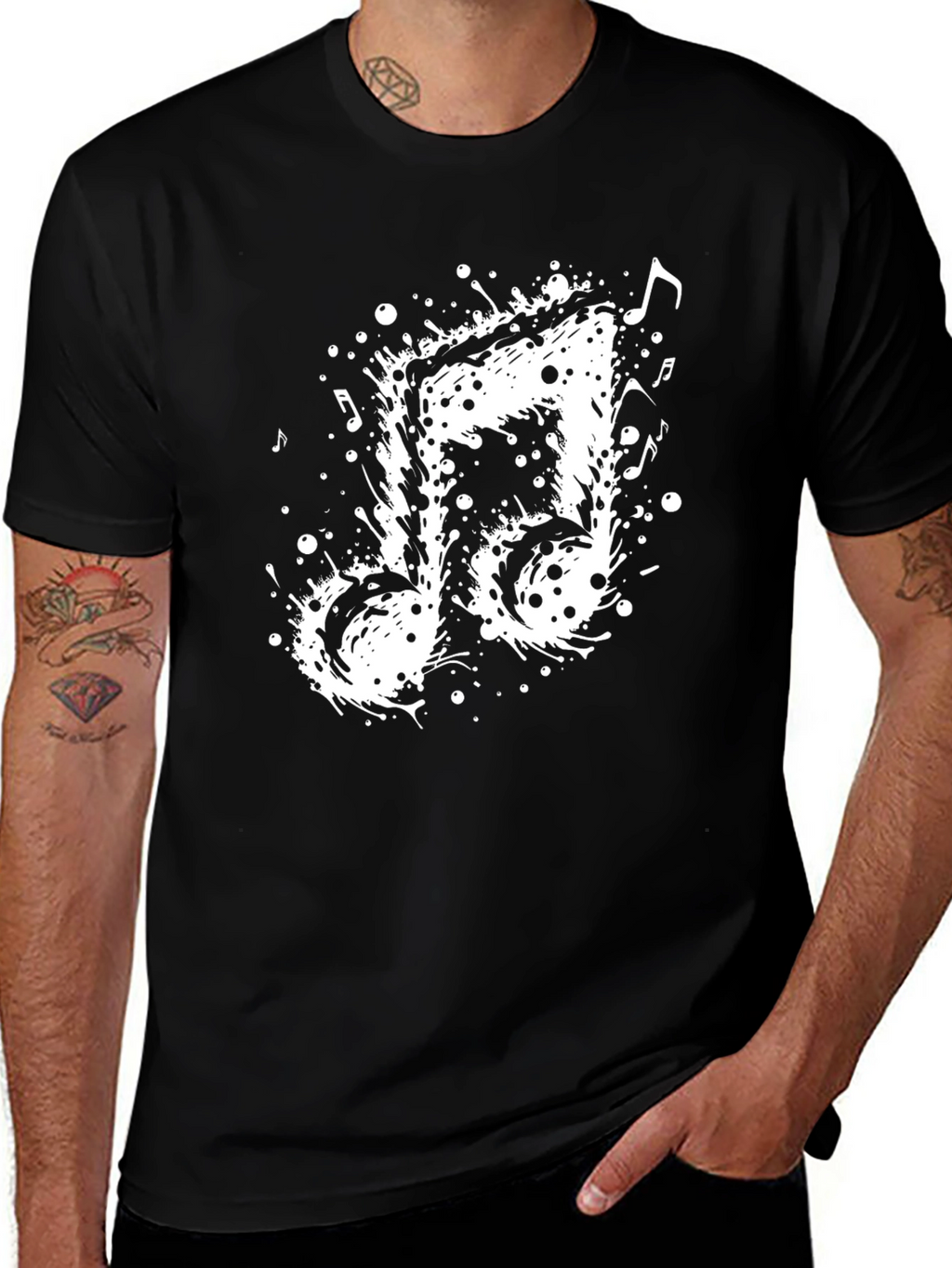 Musical Note Splatter Graphic Tee - Black Cotton