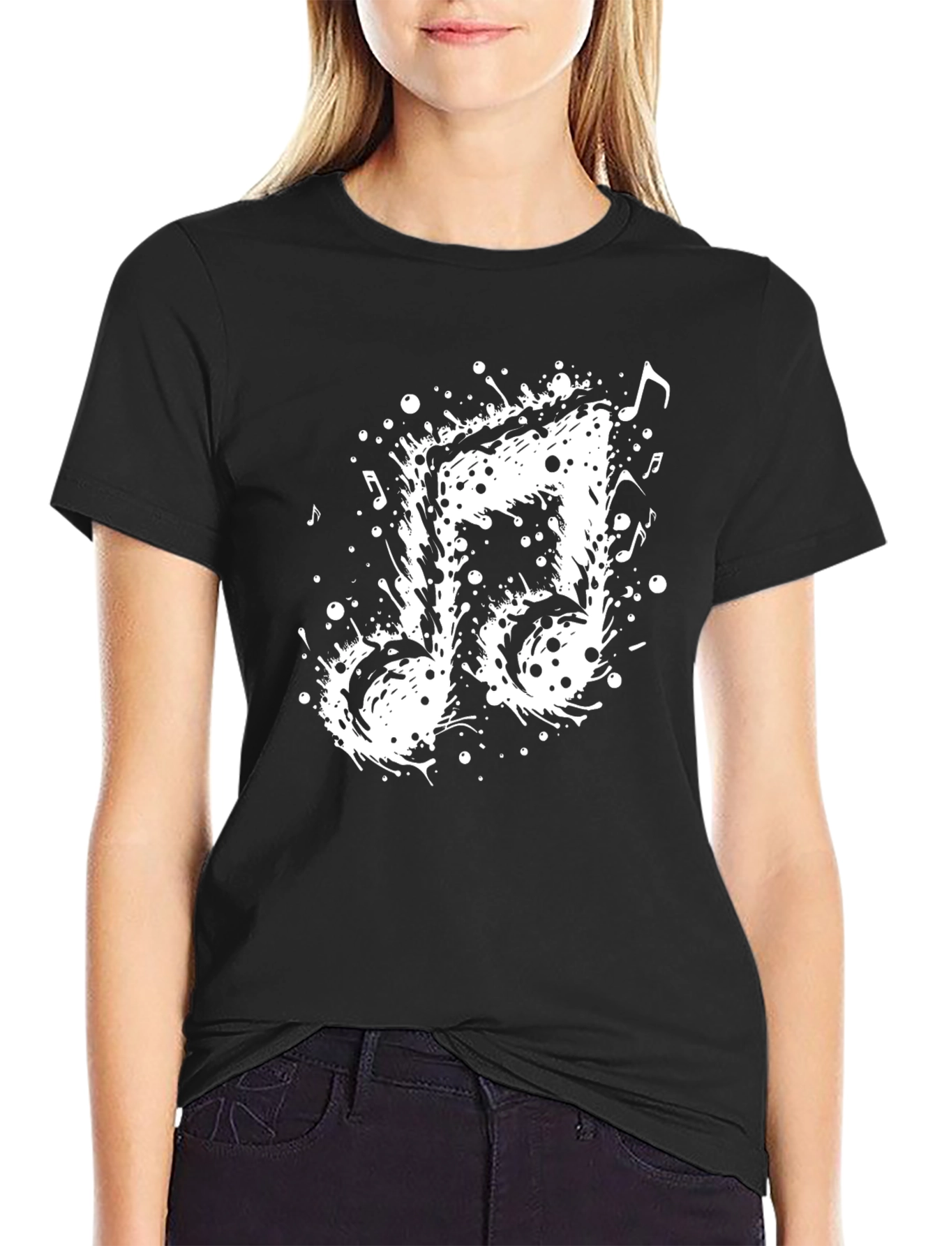 Musical Note Splatter Graphic Tee - Black Cotton