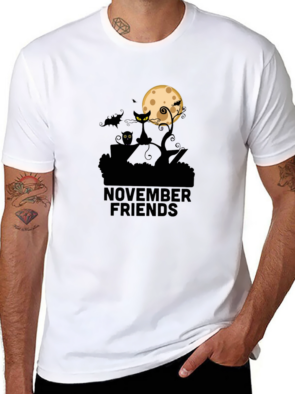 November Friends Halloween T-Shirt: Cat Moon & Bats Design