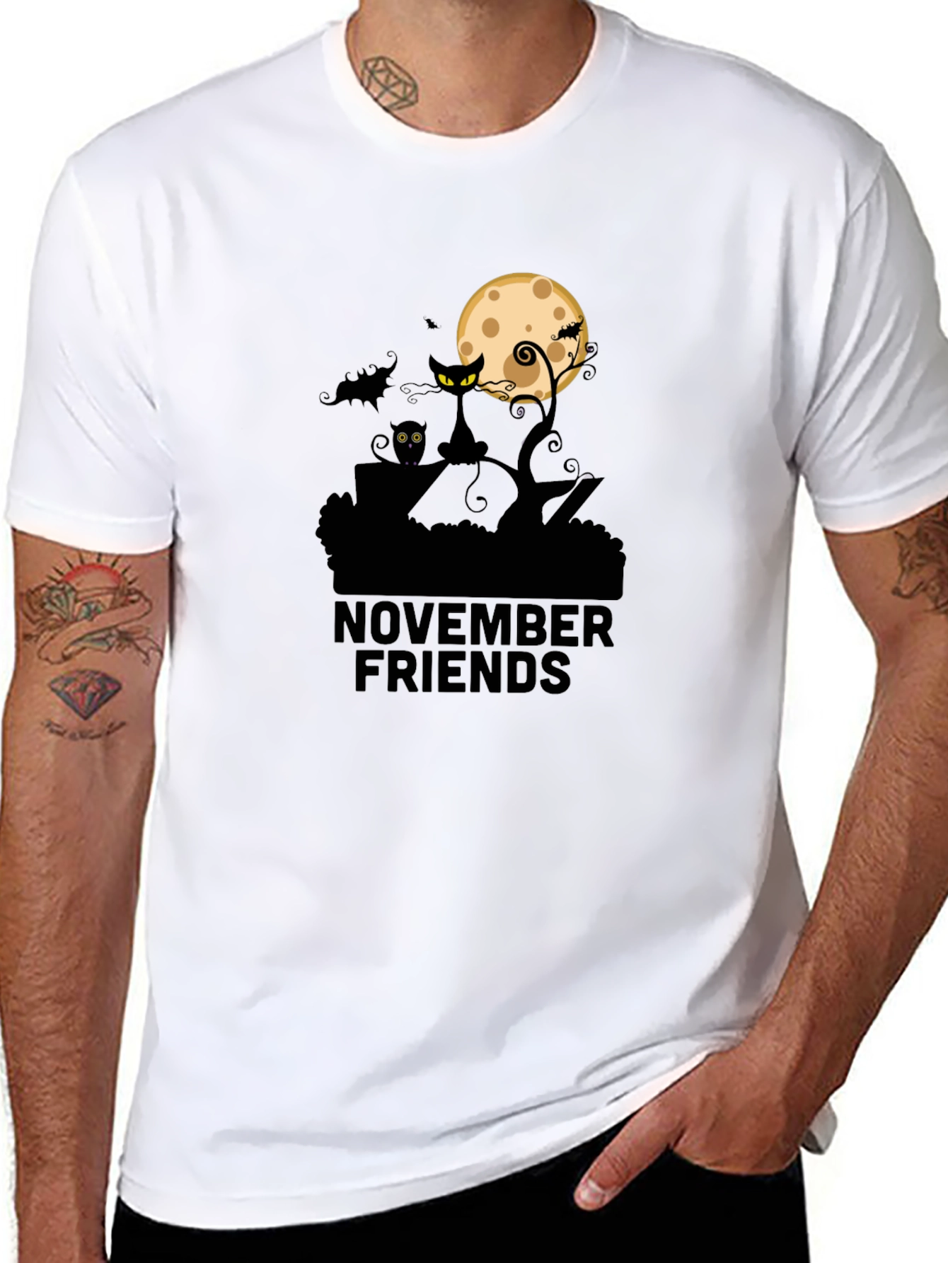 November Friends Halloween T-Shirt: Cat Moon & Bats Design