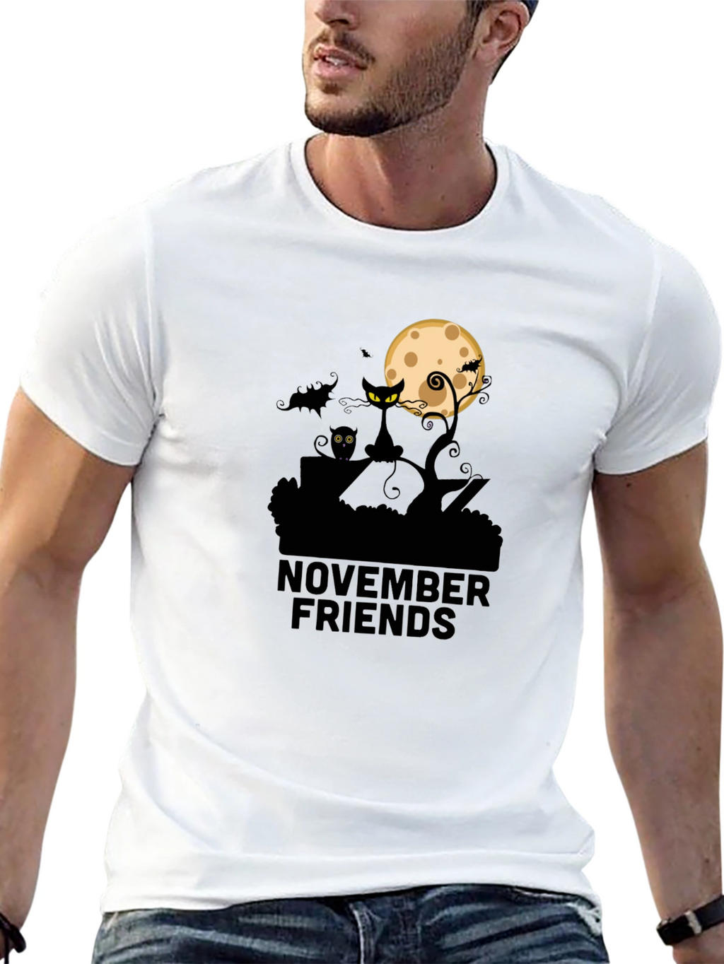 November Friends Halloween T-Shirt: Cat Moon & Bats Design