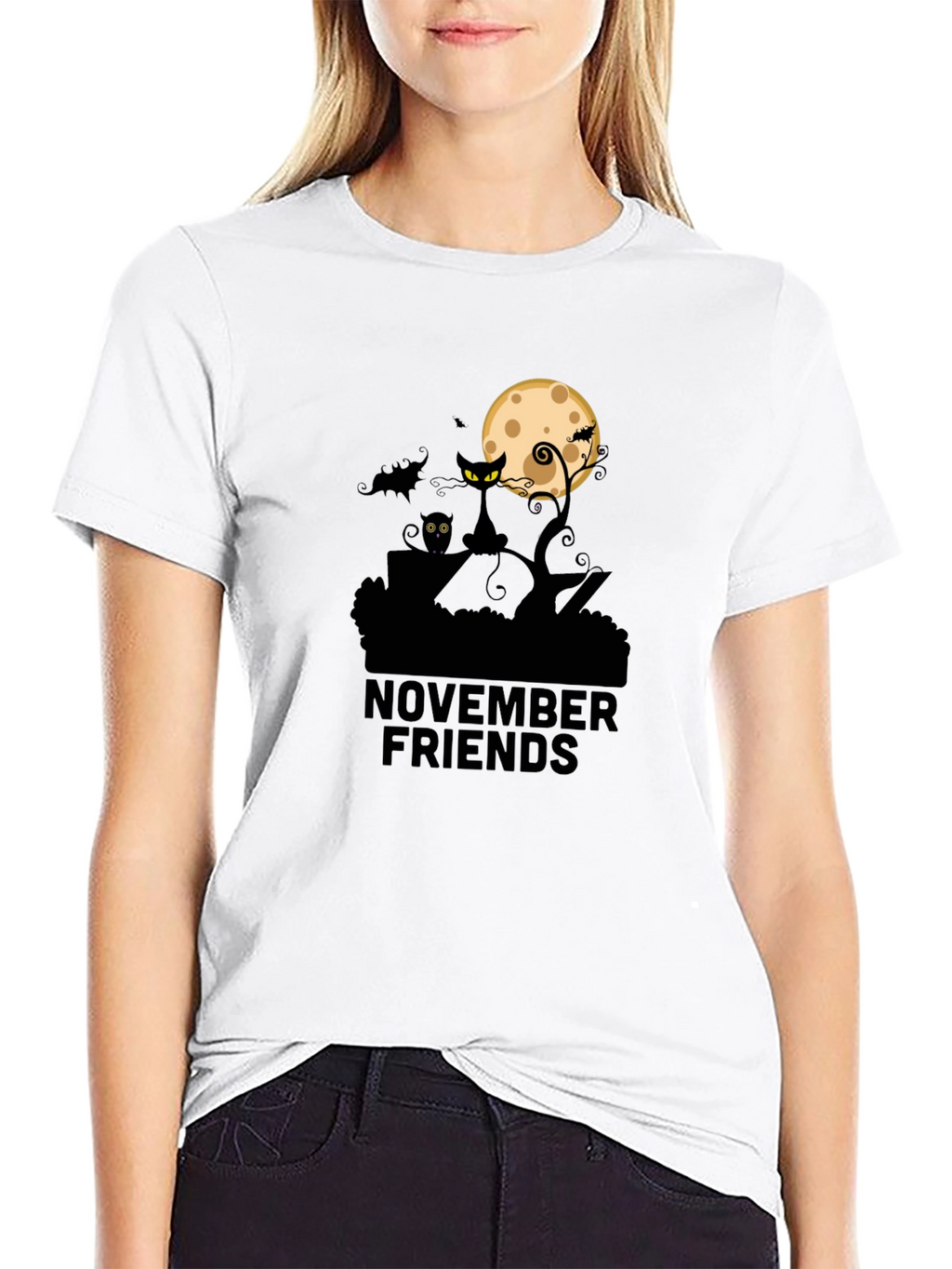 November Friends Halloween T-Shirt: Cat Moon & Bats Design