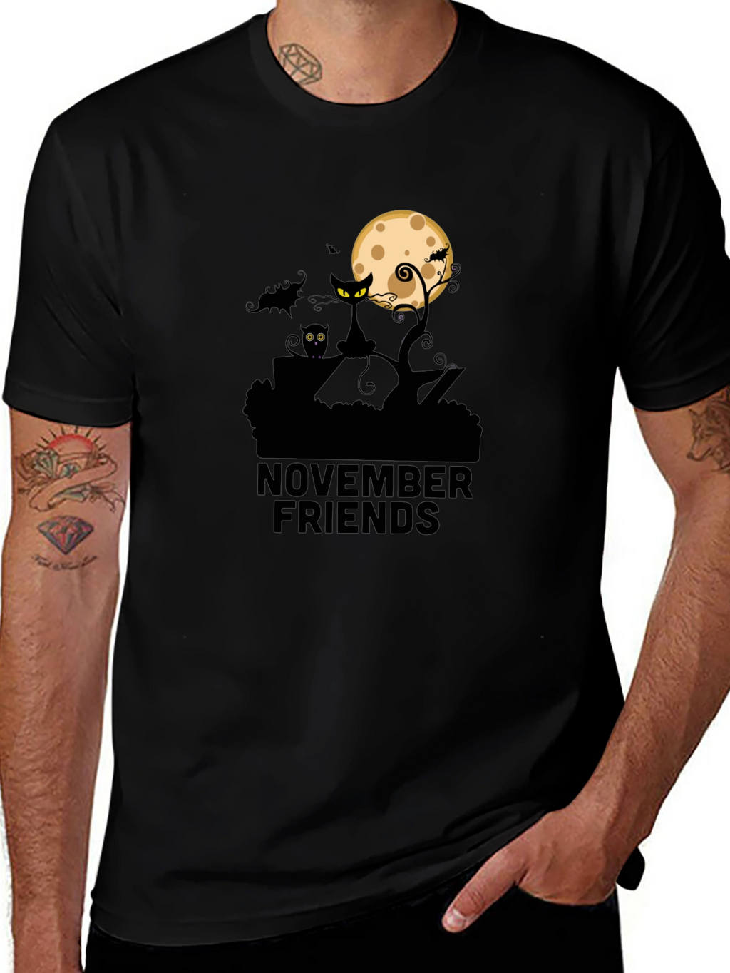 November Friends Halloween T-Shirt: Cat Moon & Bats Design