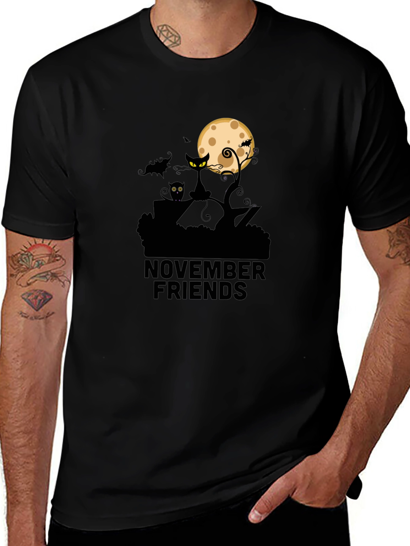 November Friends Halloween T-Shirt: Cat Moon & Bats Design