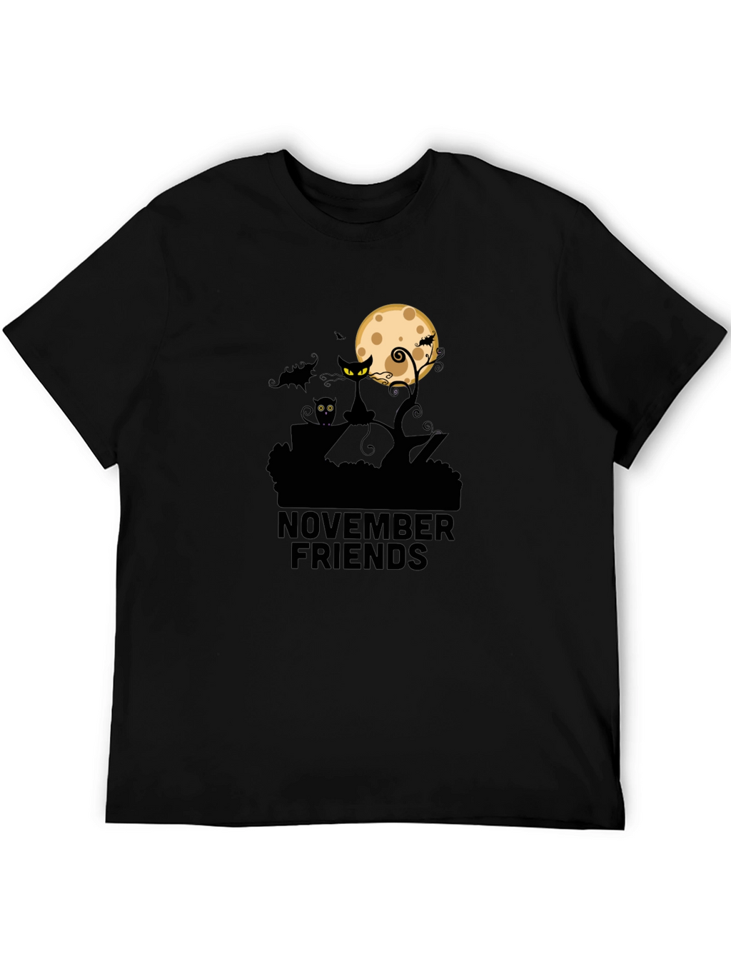 November Friends Halloween T-Shirt: Cat Moon & Bats Design