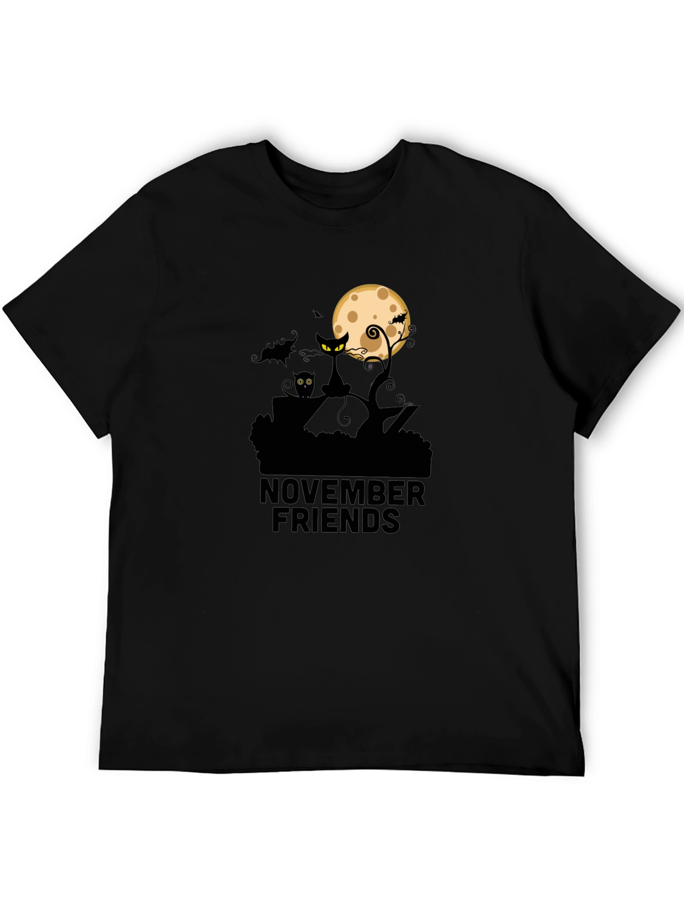 November Friends Halloween T-Shirt: Cat Moon & Bats Design