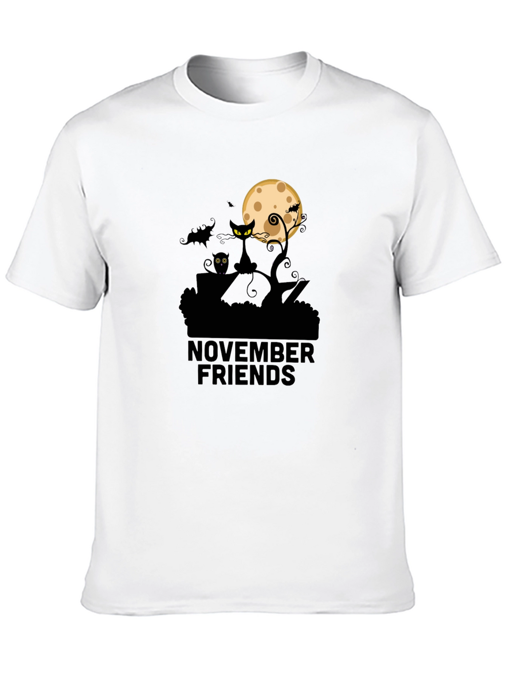 November Friends Halloween T-Shirt: Cat Moon & Bats Design