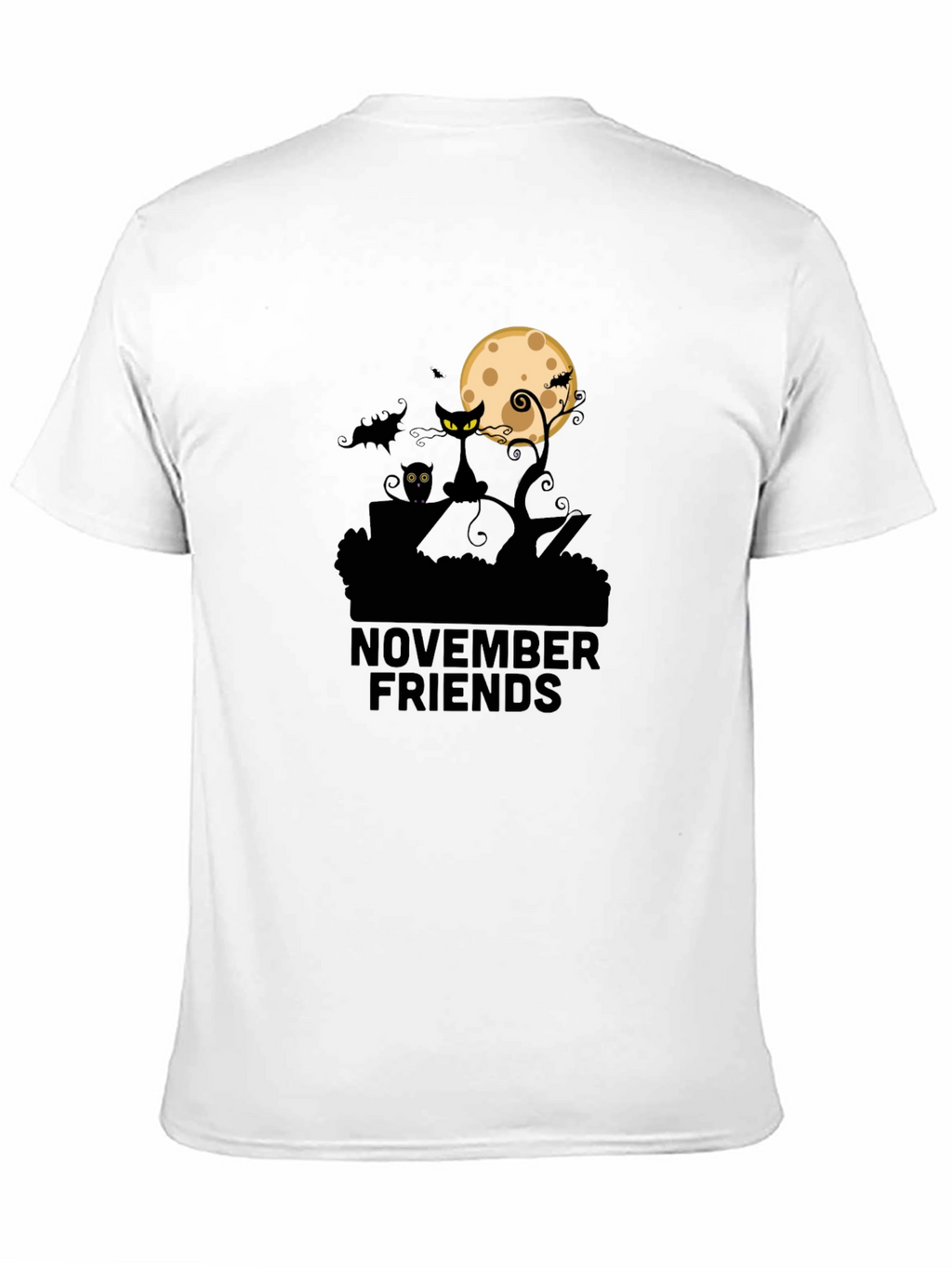 November Friends Halloween T-Shirt: Cat Moon & Bats Design