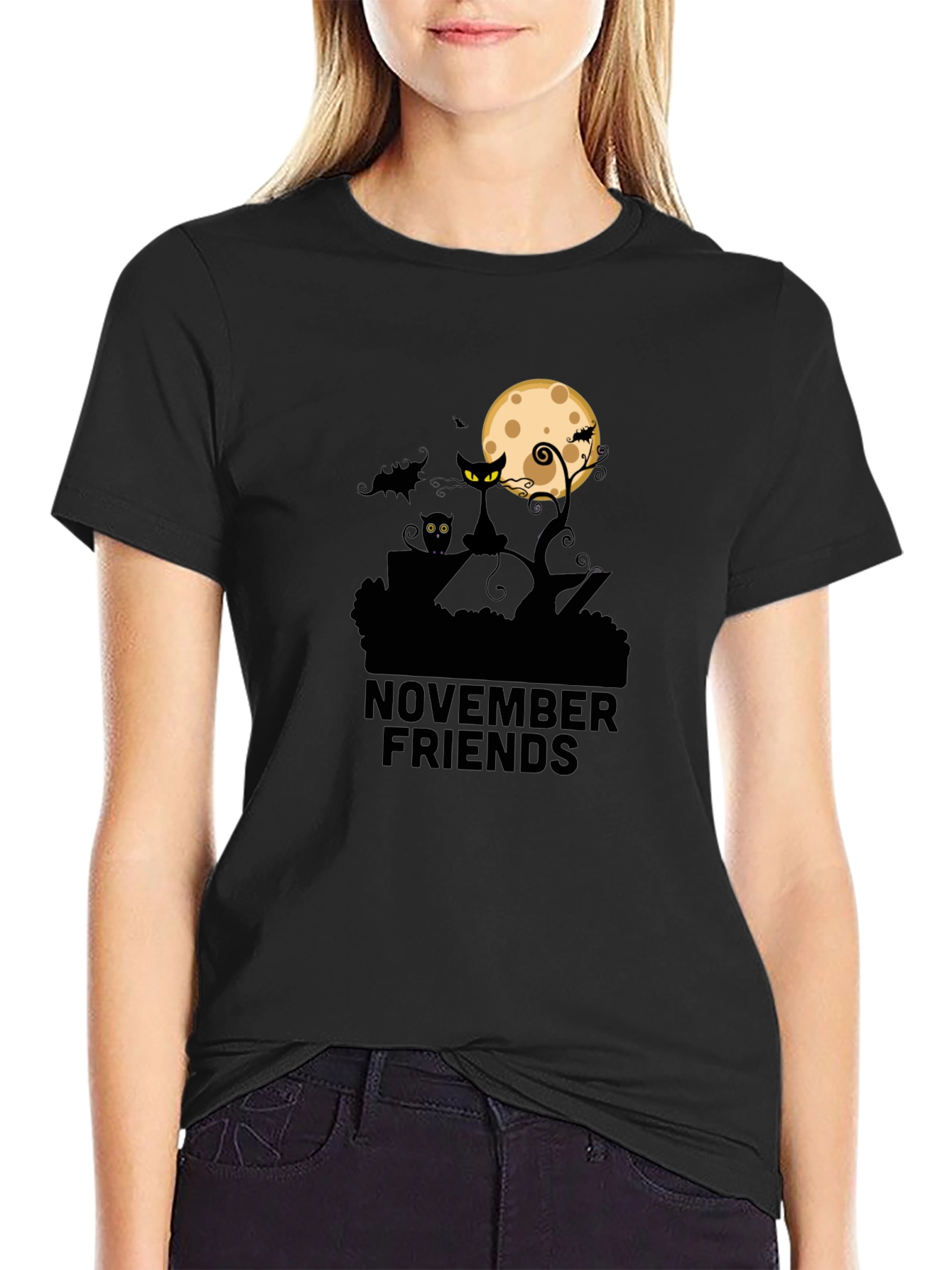 November Friends Halloween T-Shirt: Cat Moon & Bats Design