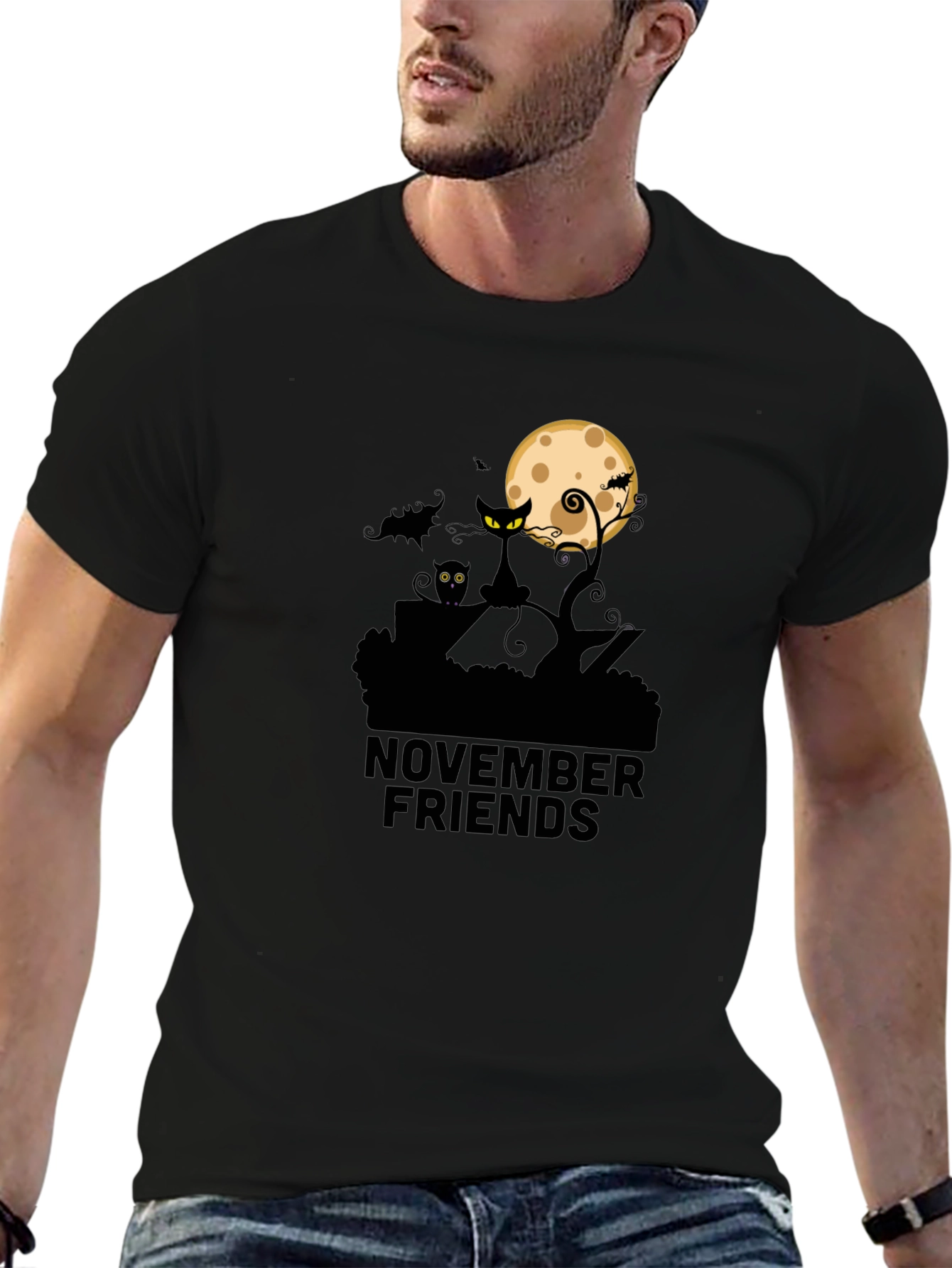 November Friends Halloween T-Shirt: Cat Moon & Bats Design