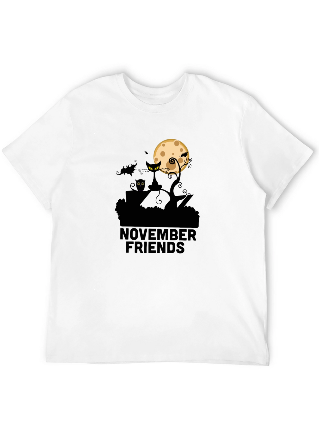 November Friends Halloween T-Shirt: Cat Moon & Bats Design