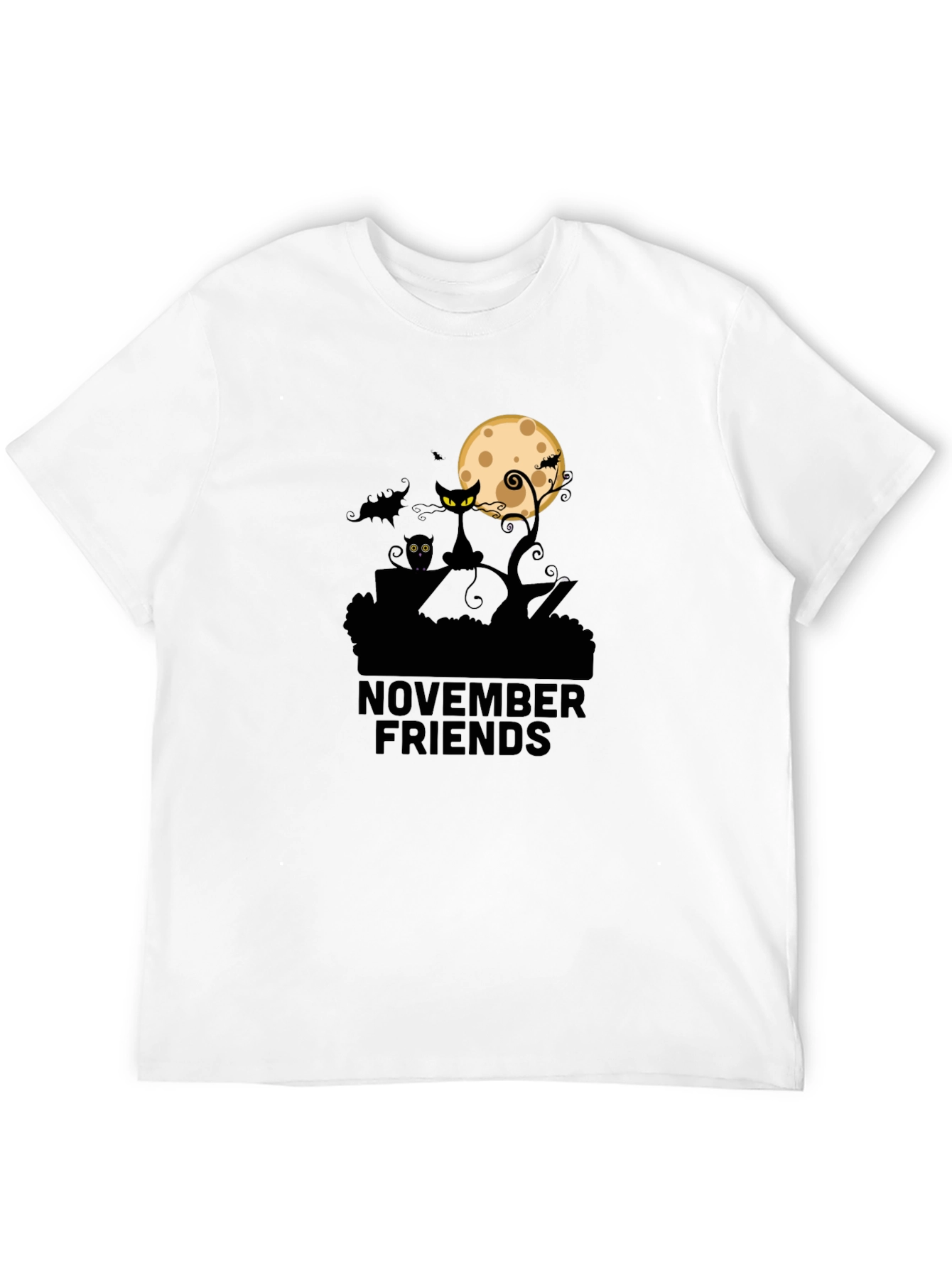 November Friends Halloween T-Shirt: Cat Moon & Bats Design