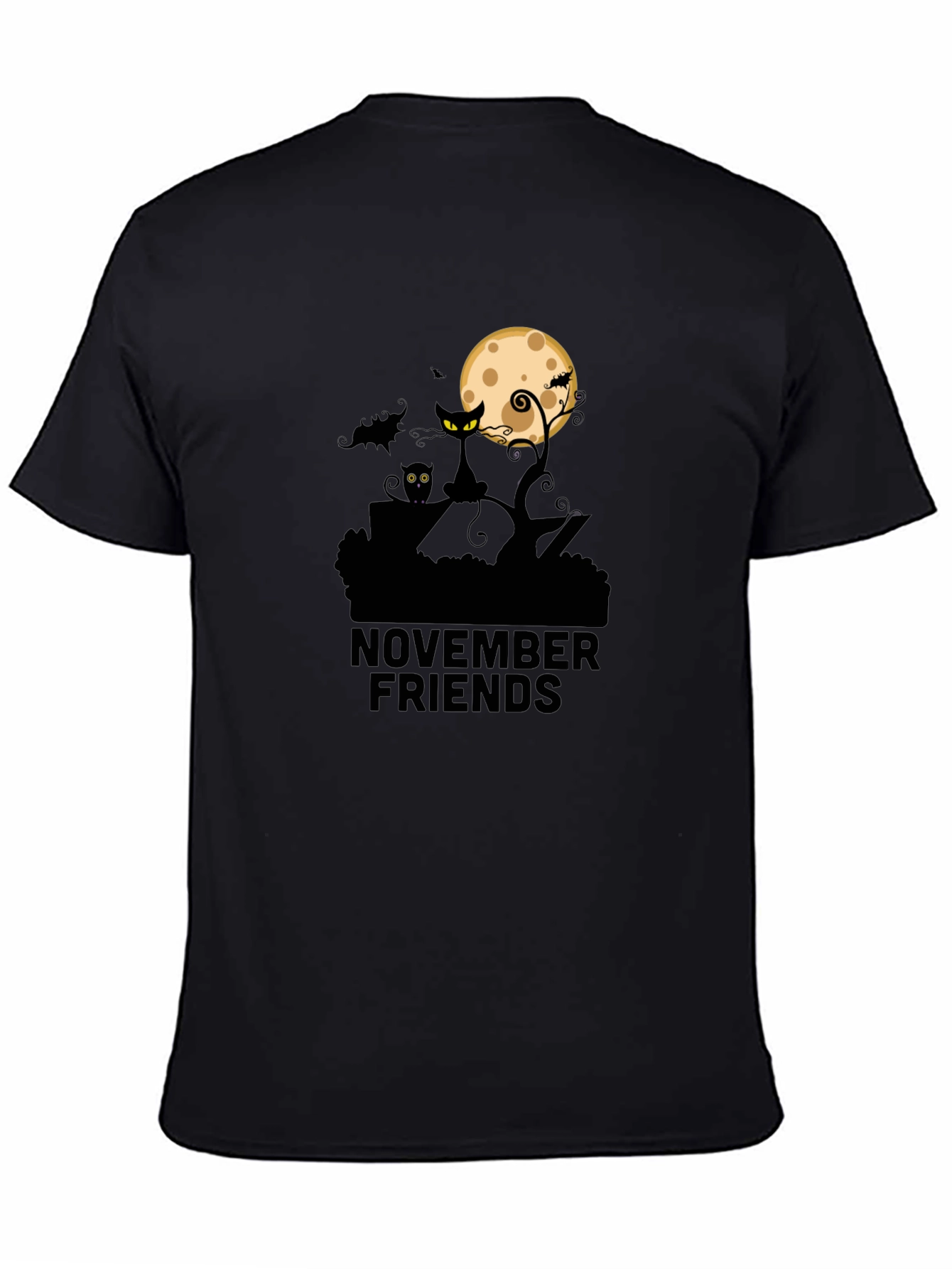 November Friends Halloween T-Shirt: Cat Moon & Bats Design