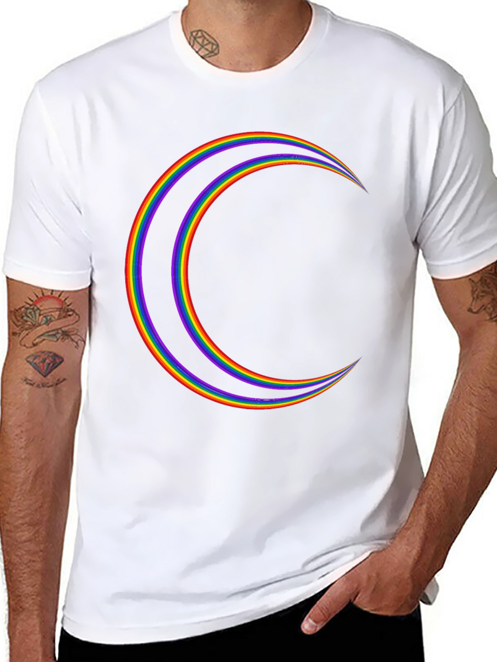Rainbow Crescent Moon Graphic Tee - Black