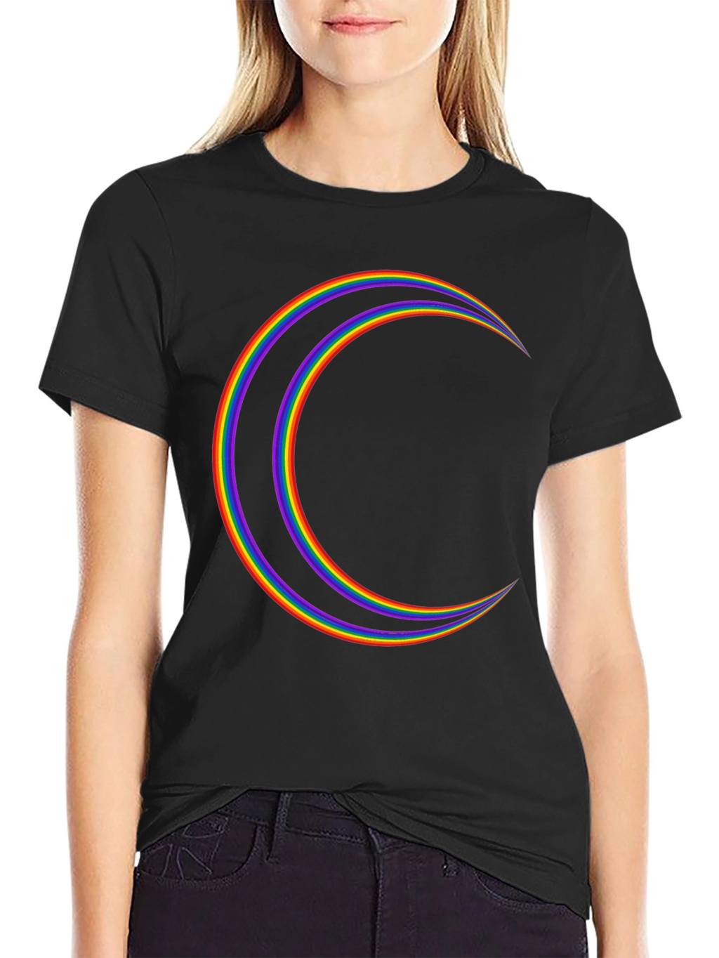 Rainbow Crescent Moon Graphic Tee - Black