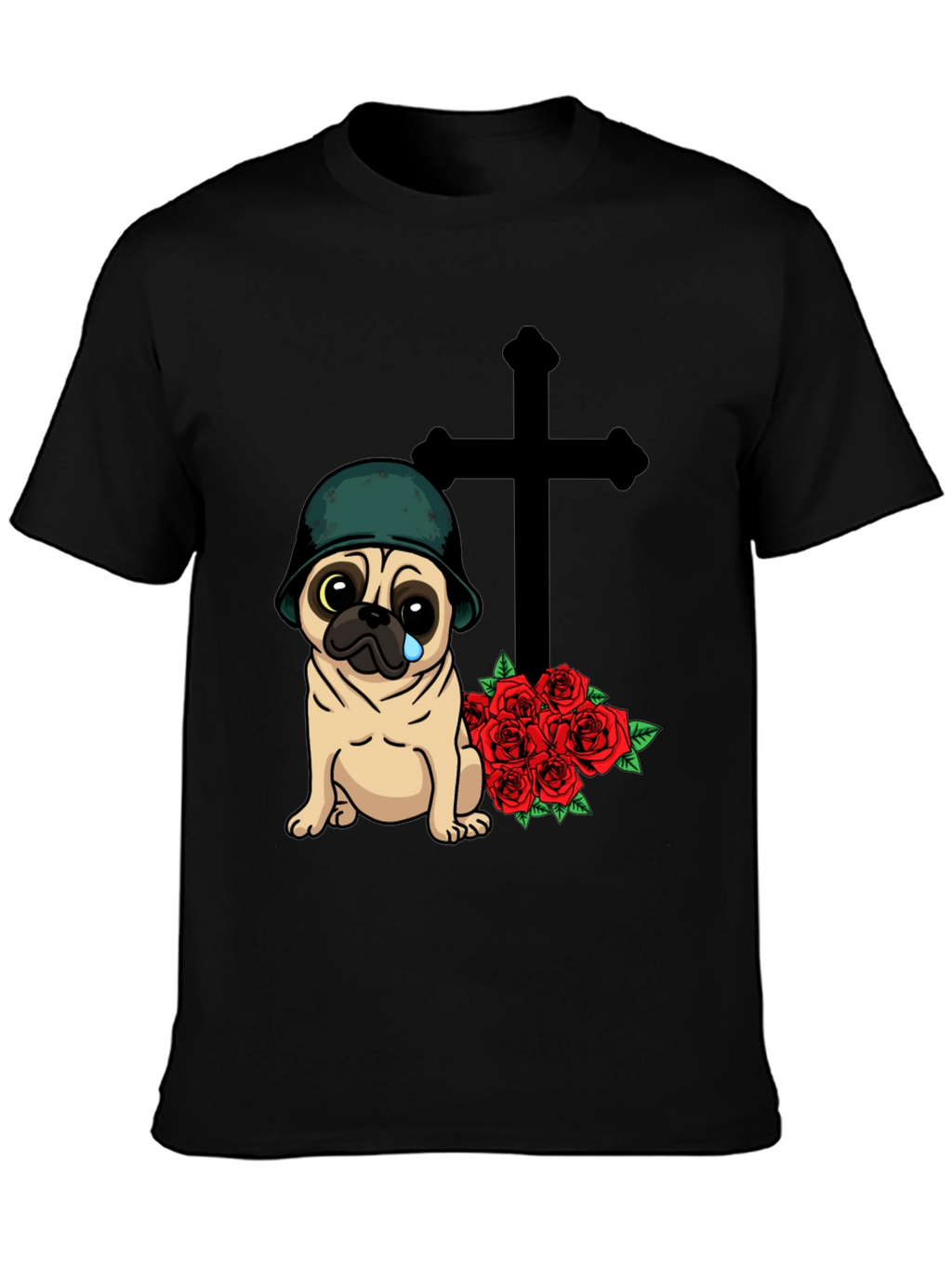 Sad Pug Soldier T-Shirt with Roses & Cross