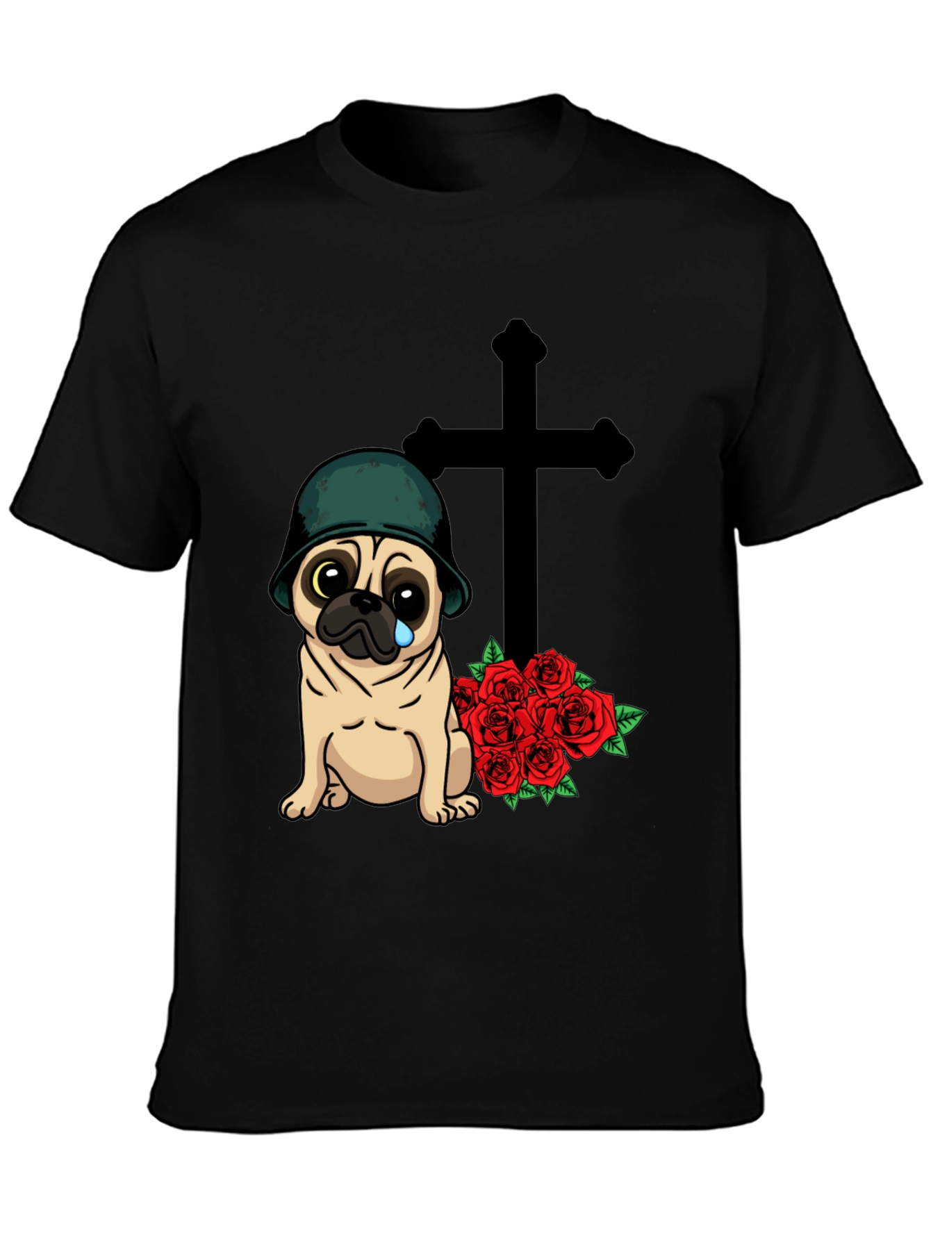 Sad Pug Soldier T-Shirt with Roses & Cross