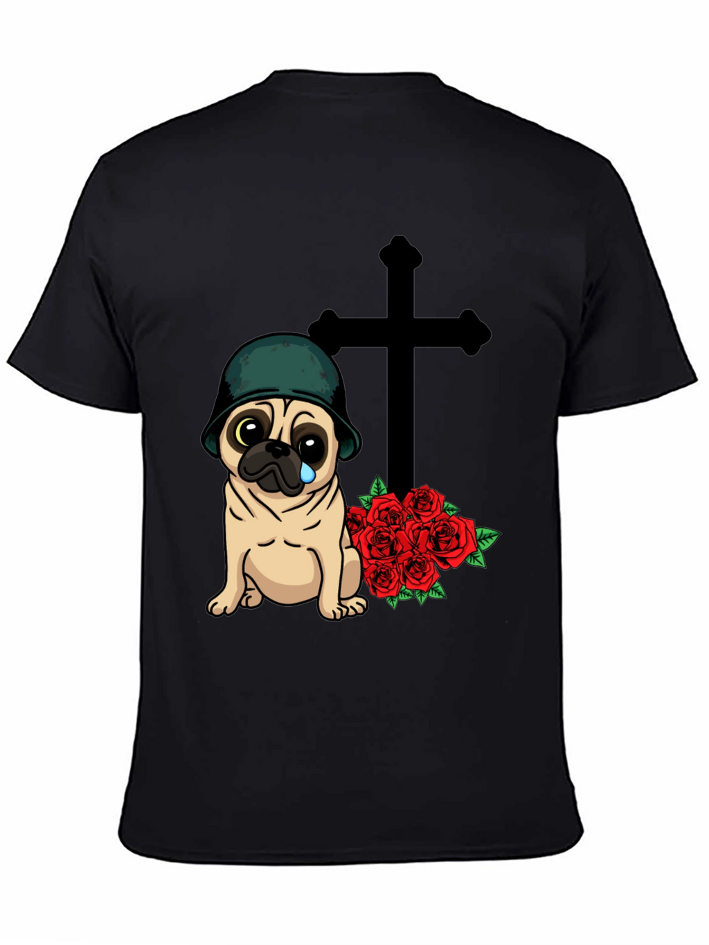Sad Pug Soldier T-Shirt with Roses & Cross