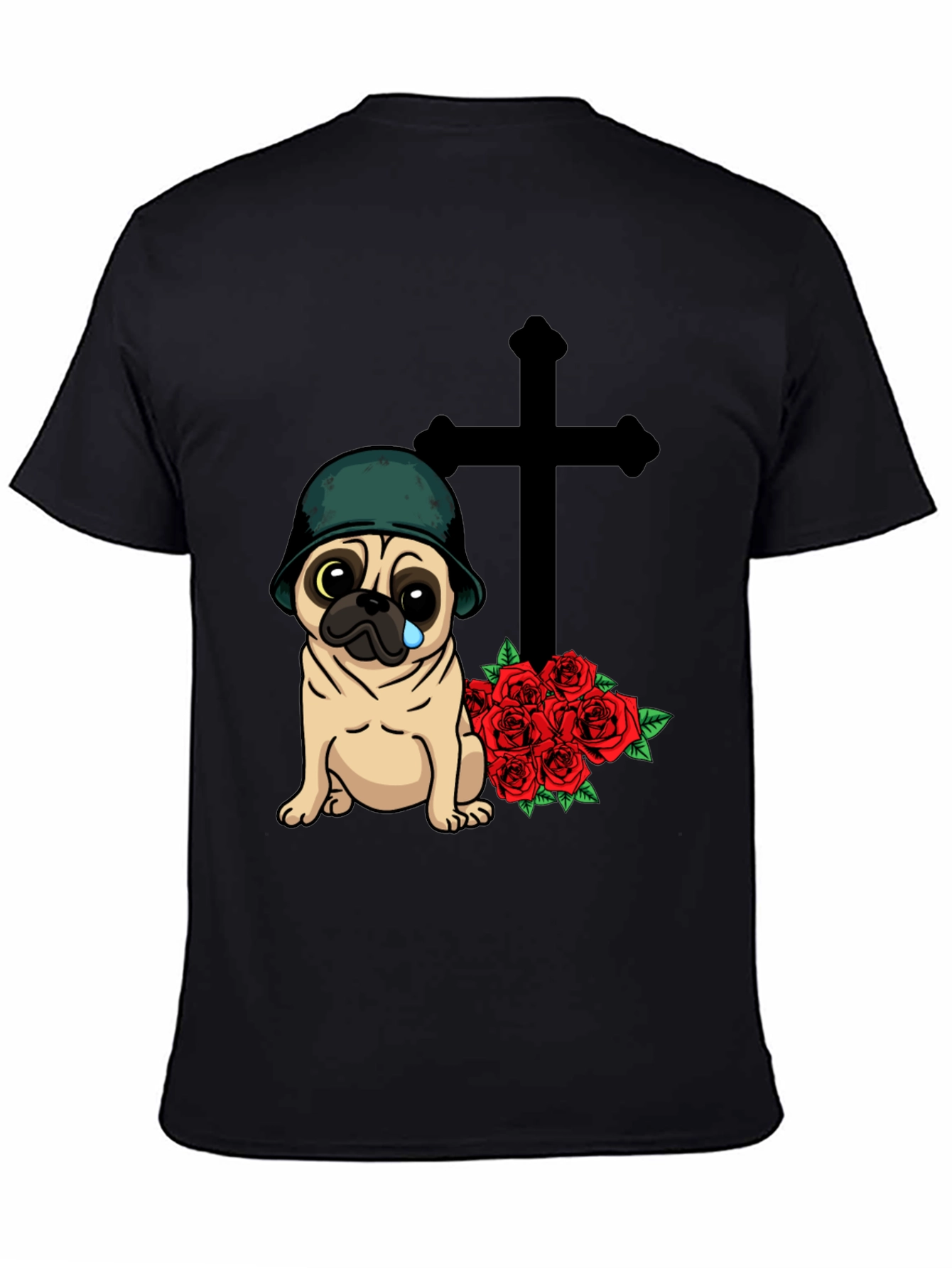 Sad Pug Soldier T-Shirt with Roses & Cross