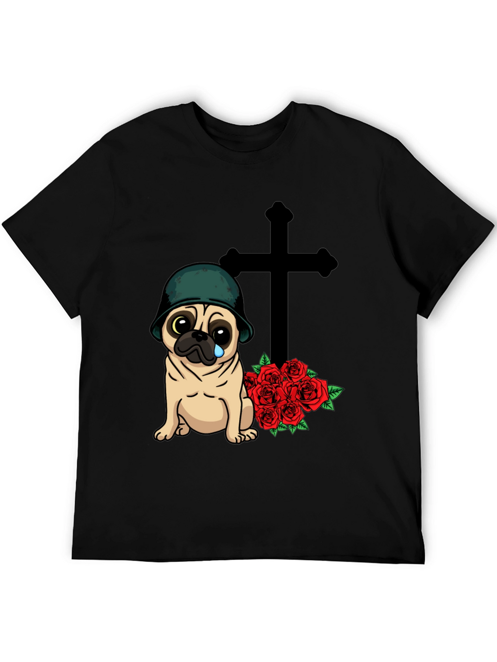 Sad Pug Soldier T-Shirt with Roses & Cross