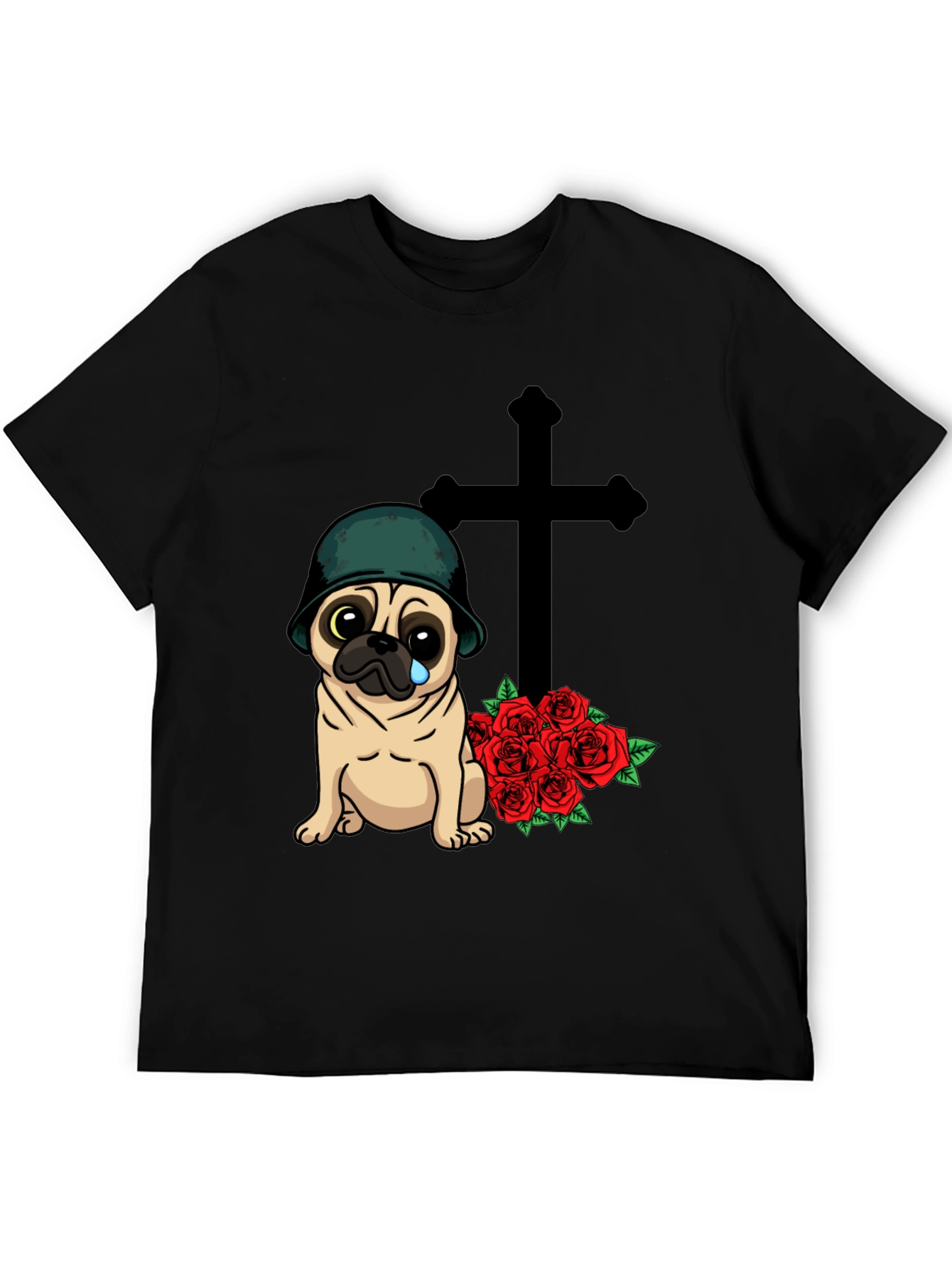 Sad Pug Soldier T-Shirt with Roses & Cross