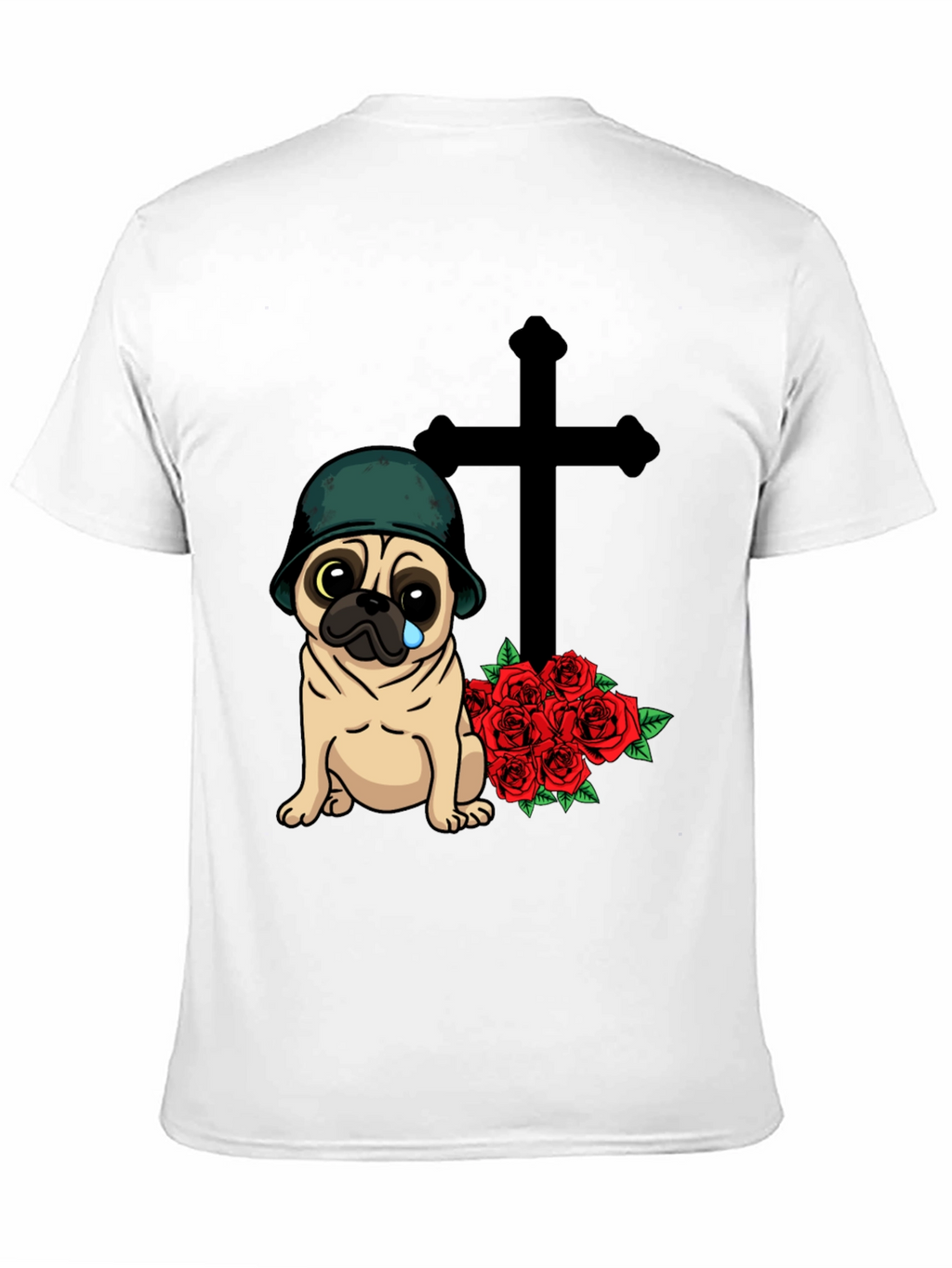 Sad Pug Soldier T-Shirt with Roses & Cross