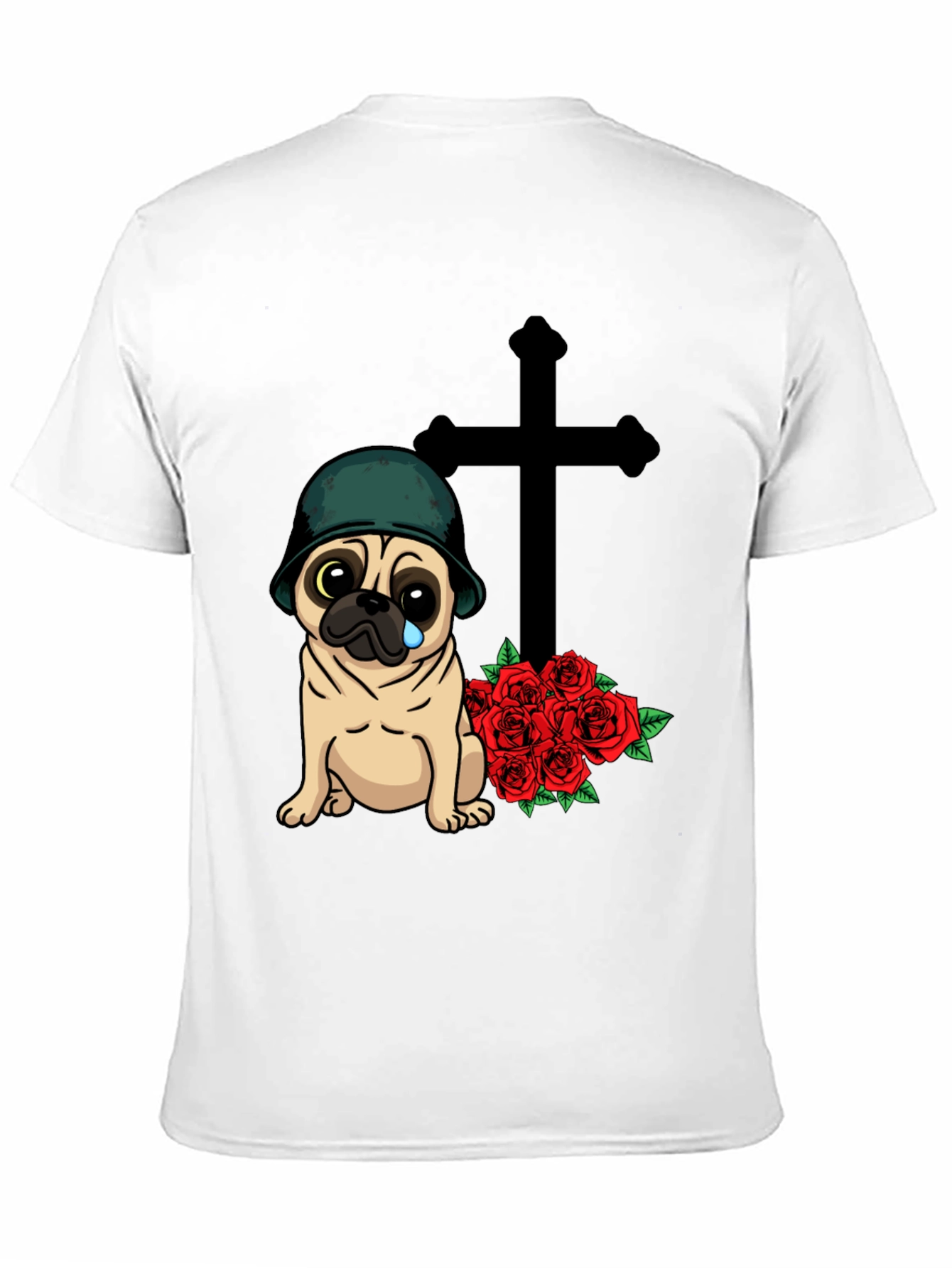 Sad Pug Soldier T-Shirt with Roses & Cross