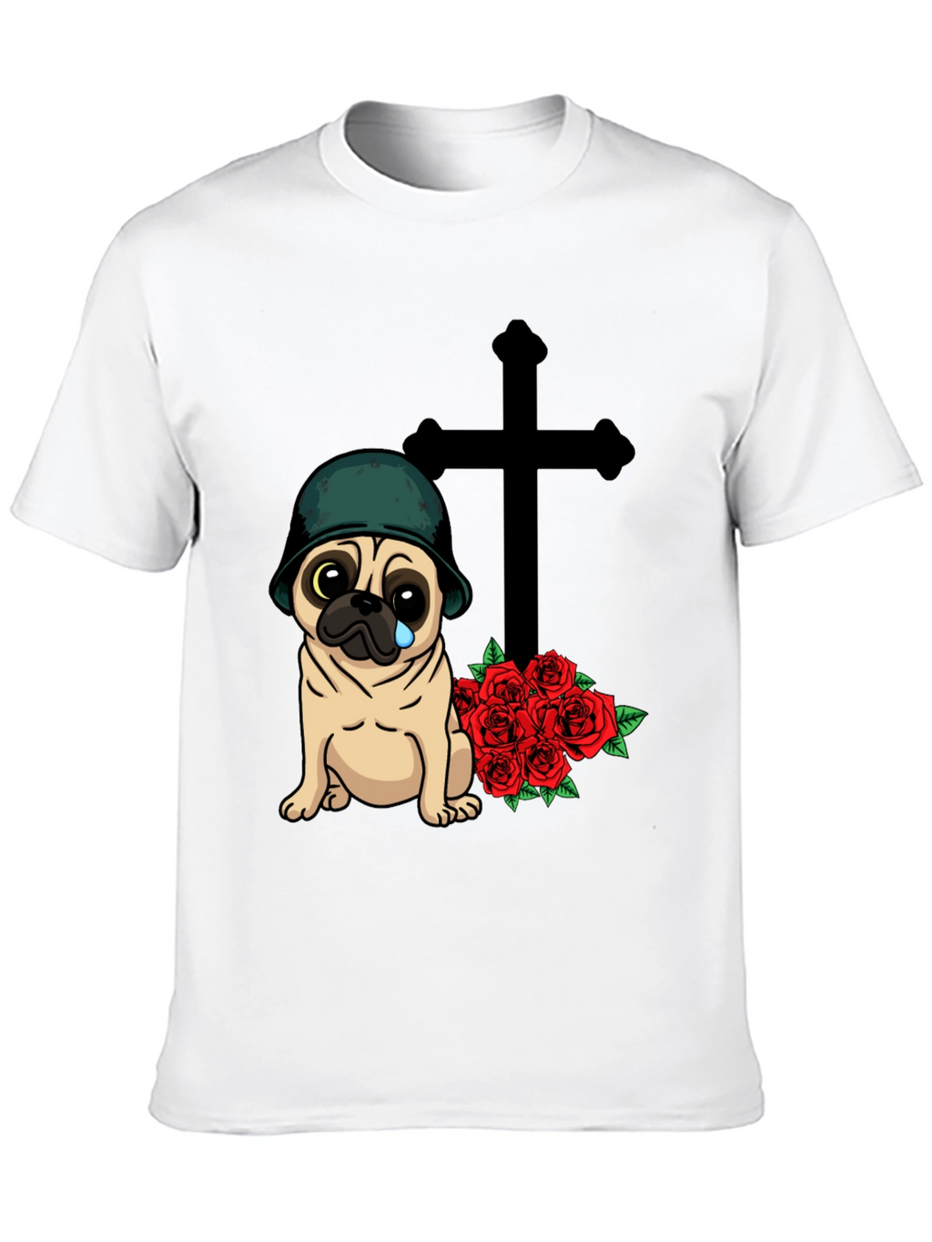 Sad Pug Soldier T-Shirt with Roses & Cross
