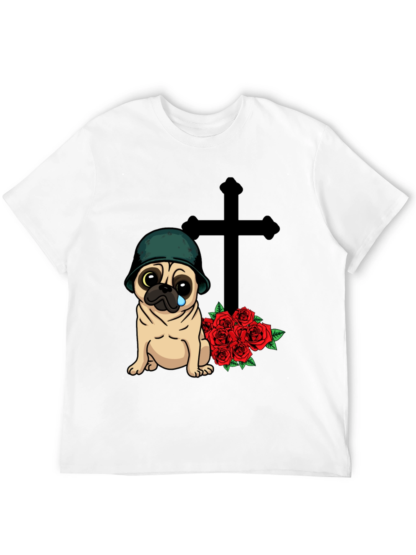 Sad Pug Soldier T-Shirt with Roses & Cross