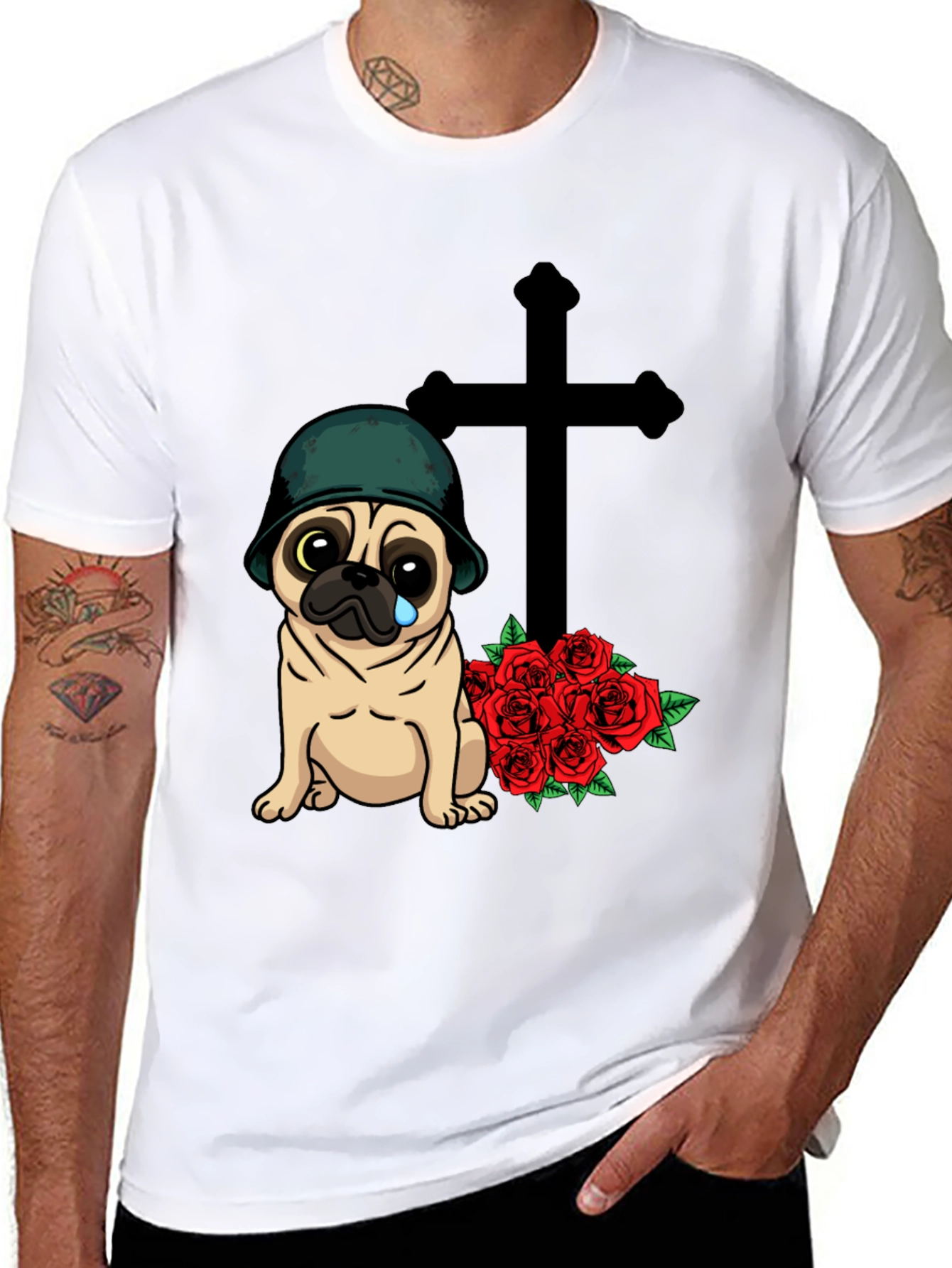 Sad Pug Soldier T-Shirt with Roses & Cross