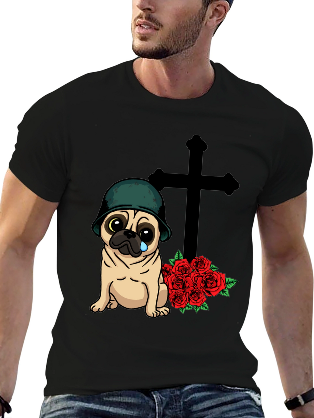 Sad Pug Soldier T-Shirt with Roses & Cross
