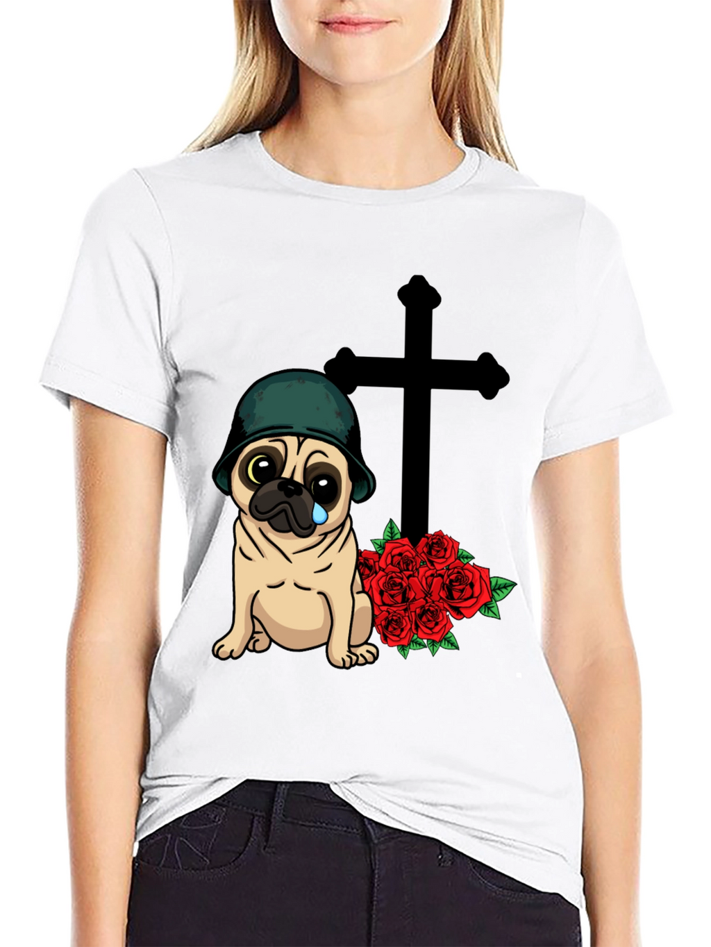 Sad Pug Soldier T-Shirt with Roses & Cross