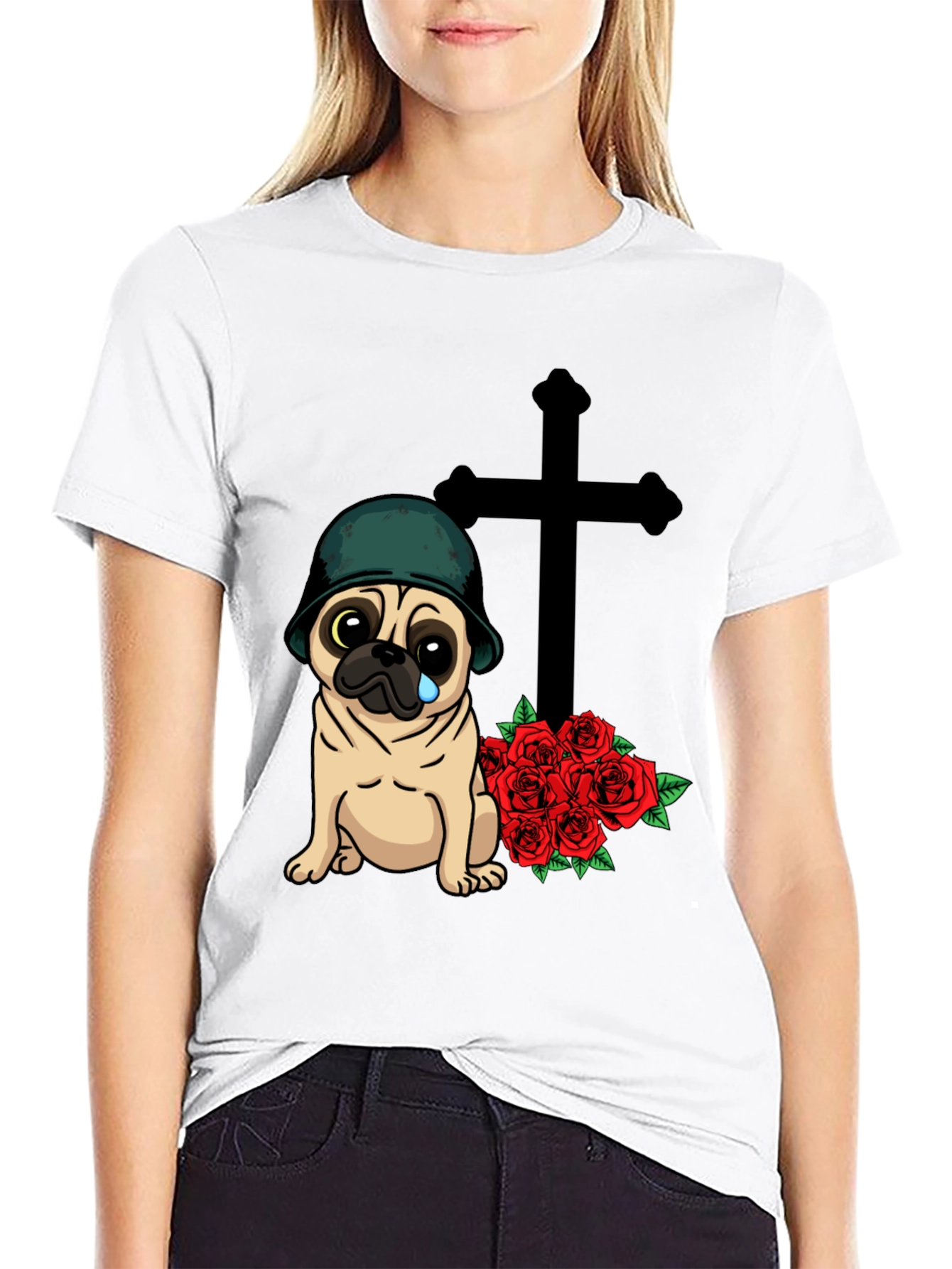Sad Pug Soldier T-Shirt with Roses & Cross