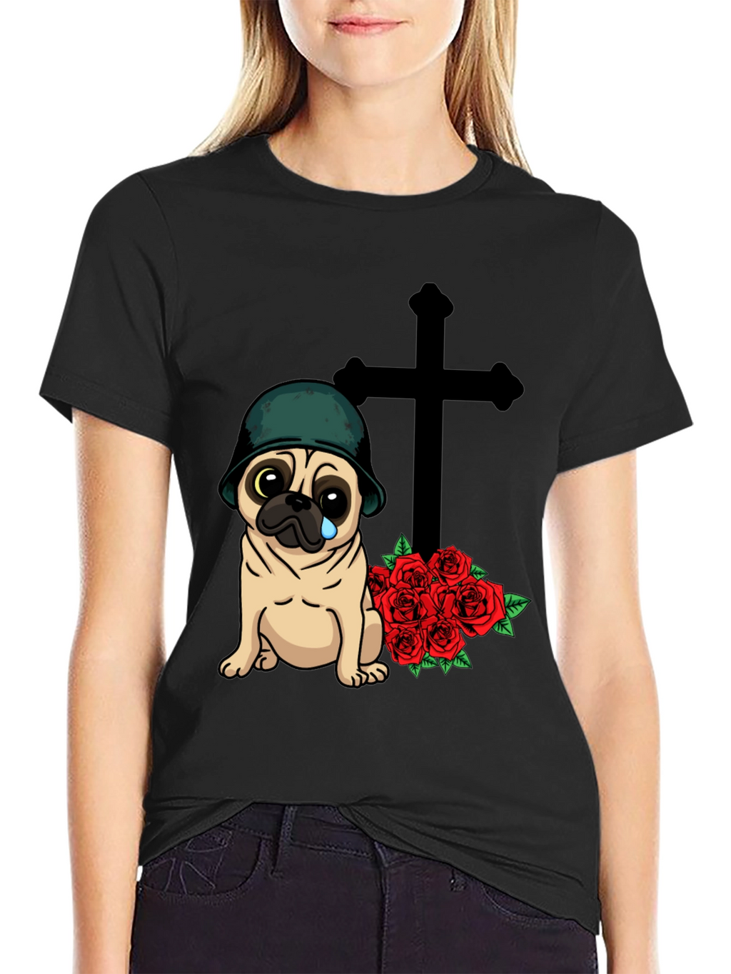 Sad Pug Soldier T-Shirt with Roses & Cross