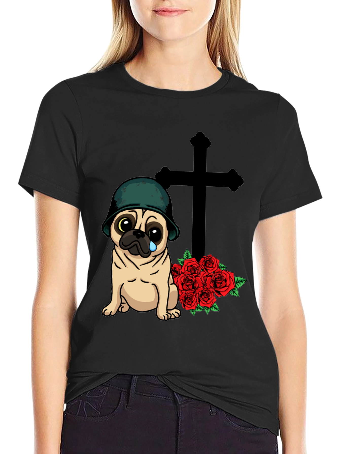 Sad Pug Soldier T-Shirt with Roses & Cross