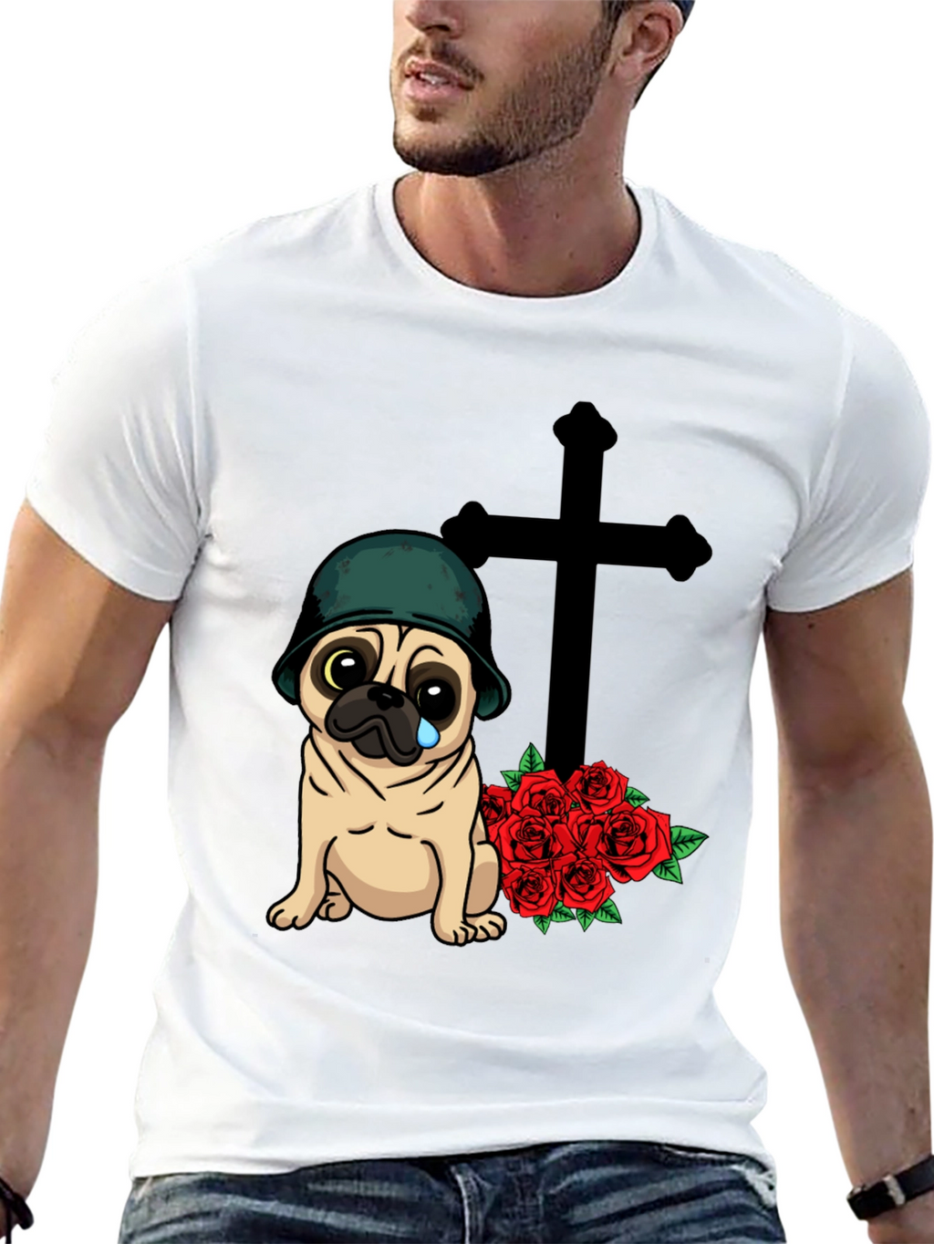 Sad Pug Soldier T-Shirt with Roses & Cross