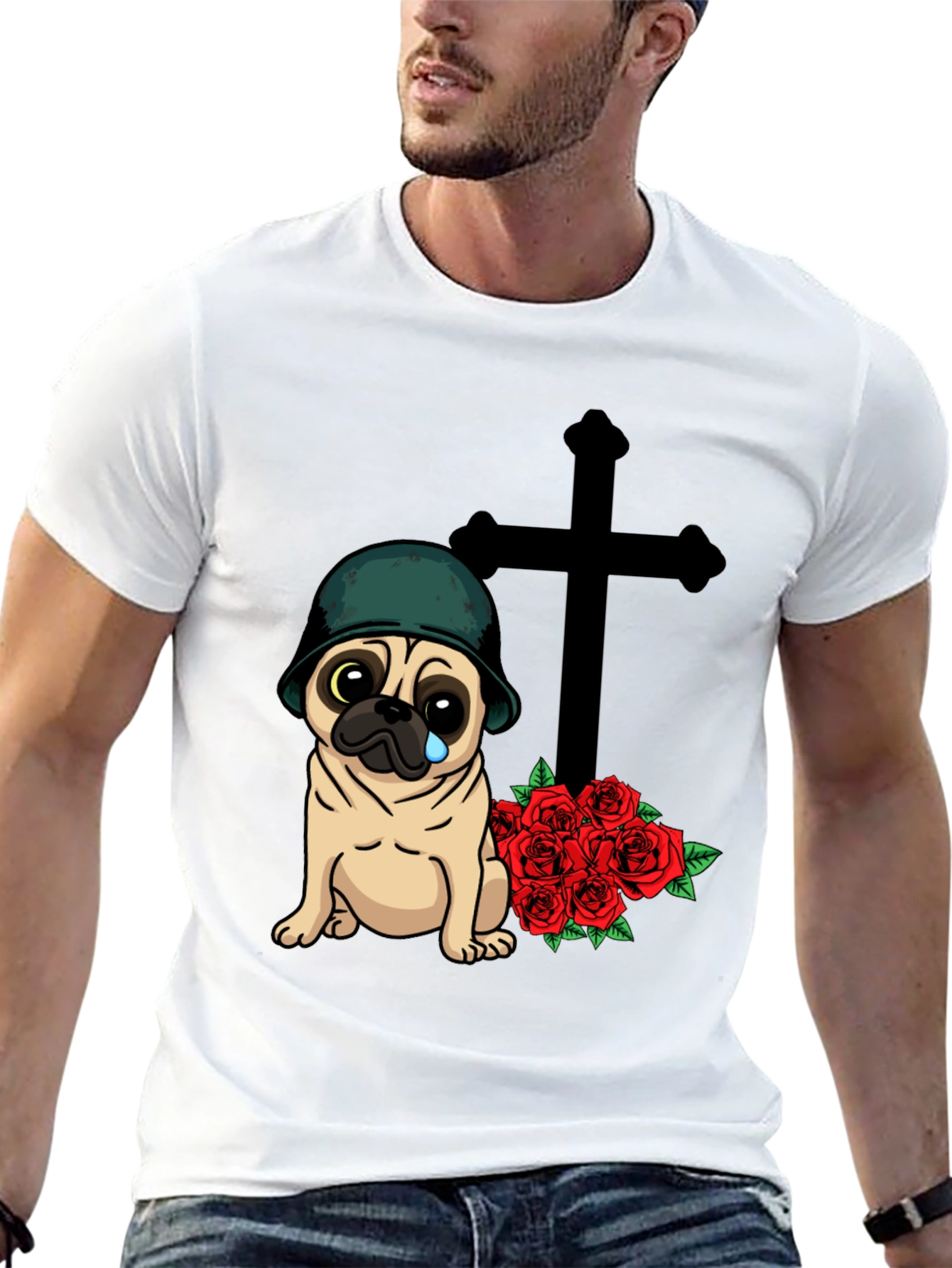 Sad Pug Soldier T-Shirt with Roses & Cross