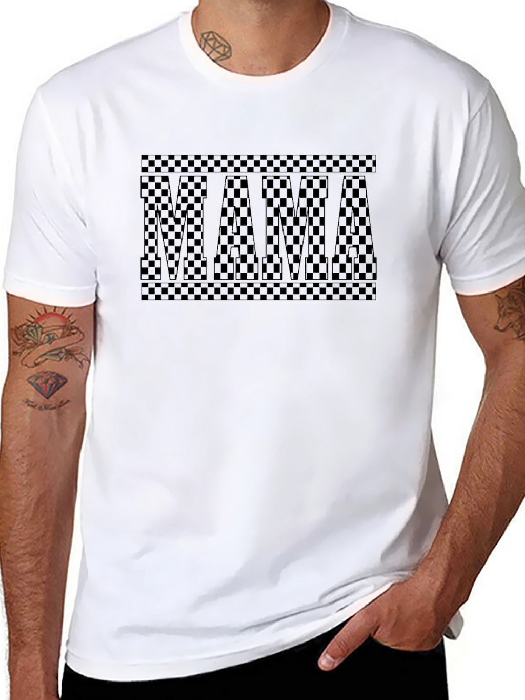 Mama Checkered Print Black Crew Neck T-Shirt