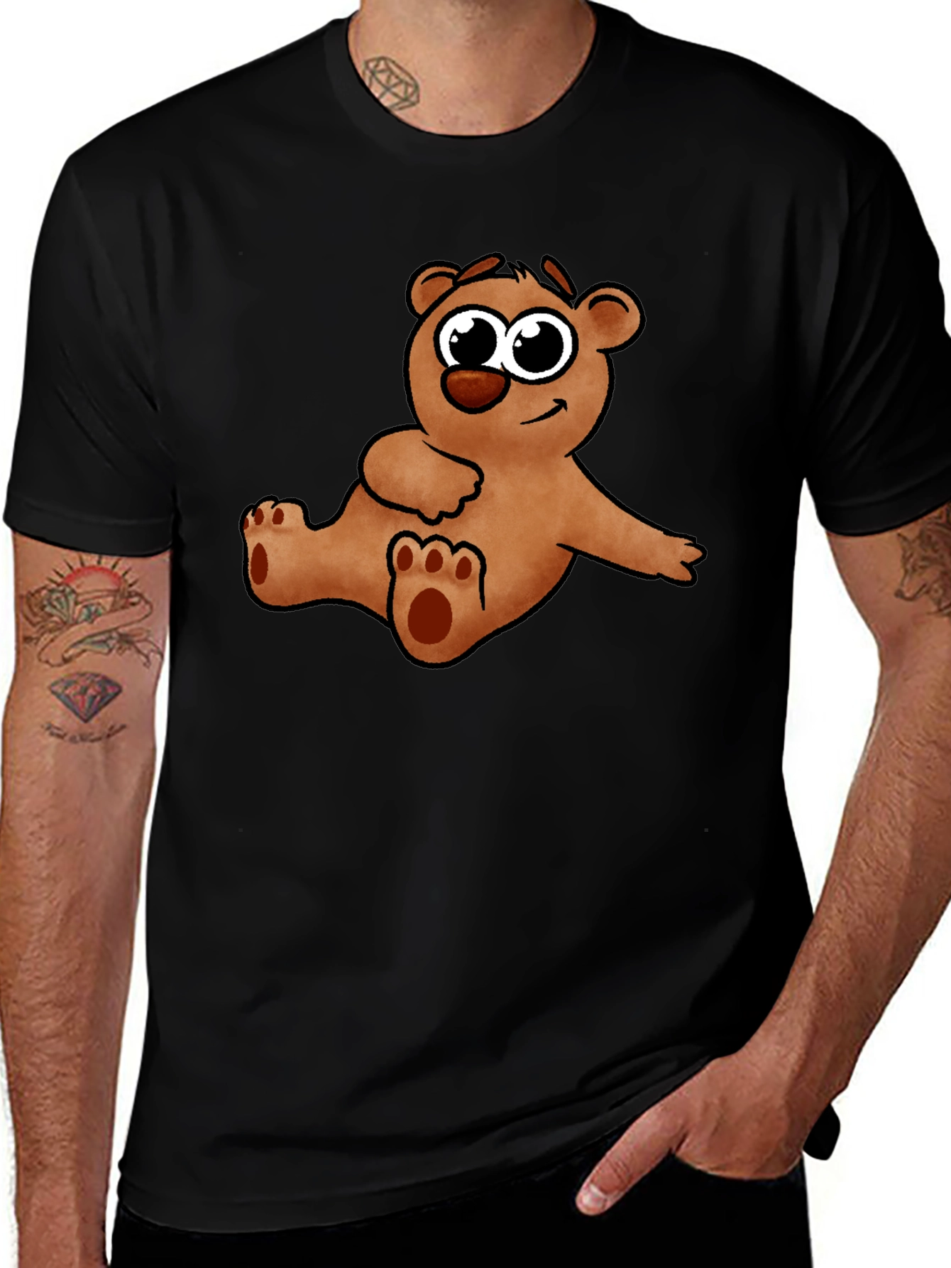 Cute Cartoon Bear Graphic Black T-Shirt