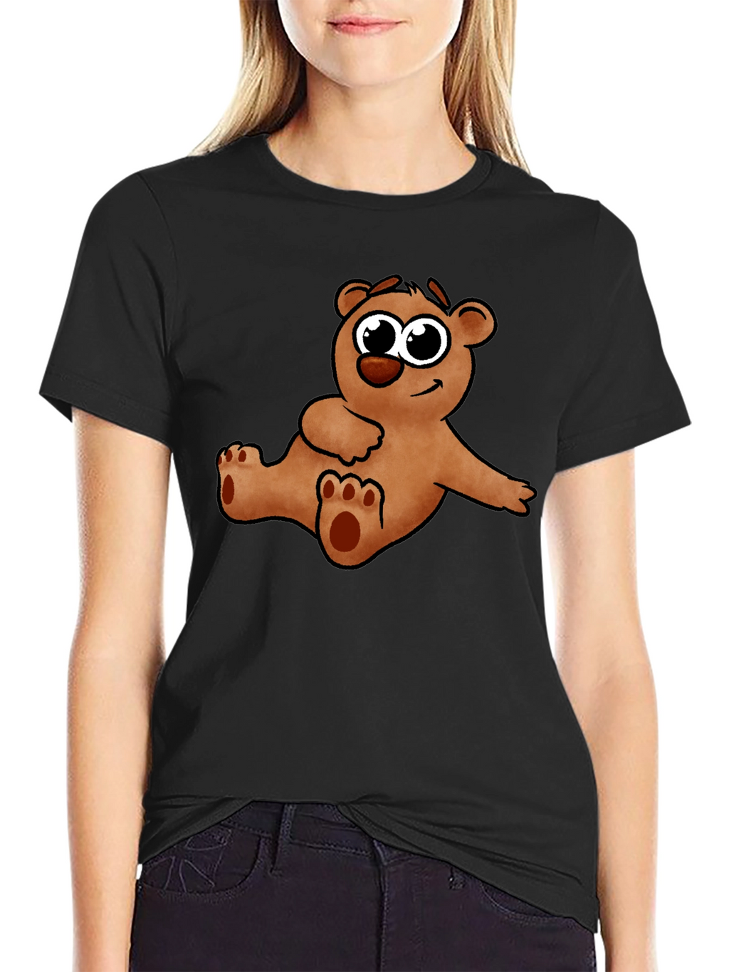 Cute Cartoon Bear Graphic Black T-Shirt