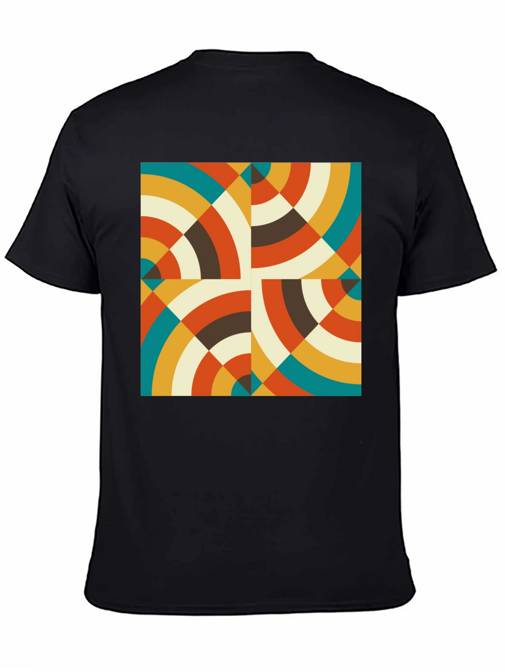 Retro Geometric Circle Pattern Black T-Shirt