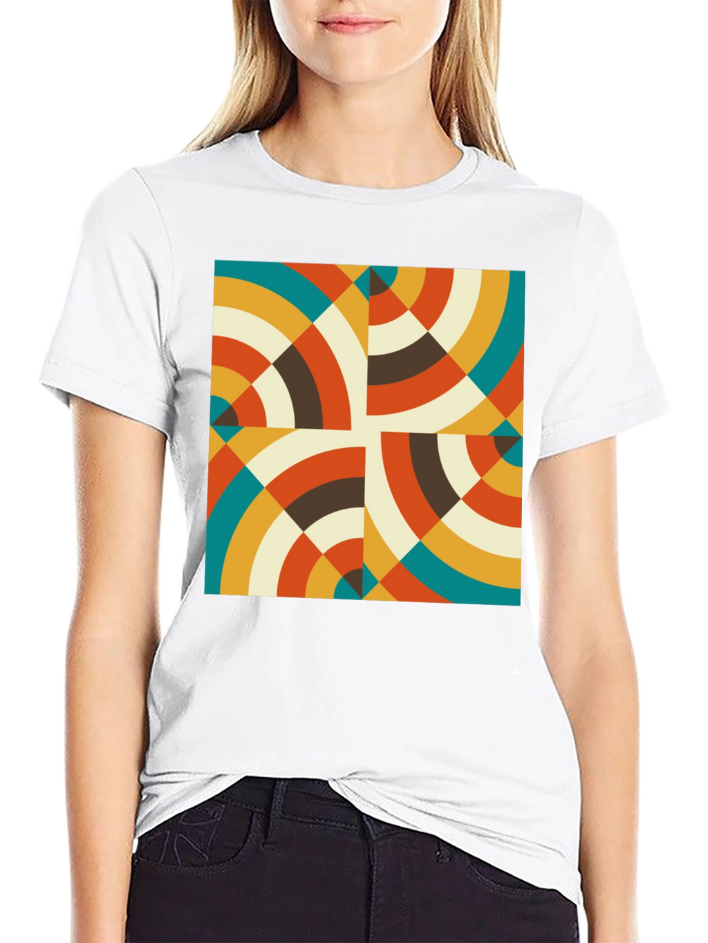 Retro Geometric Circle Pattern Black T-Shirt
