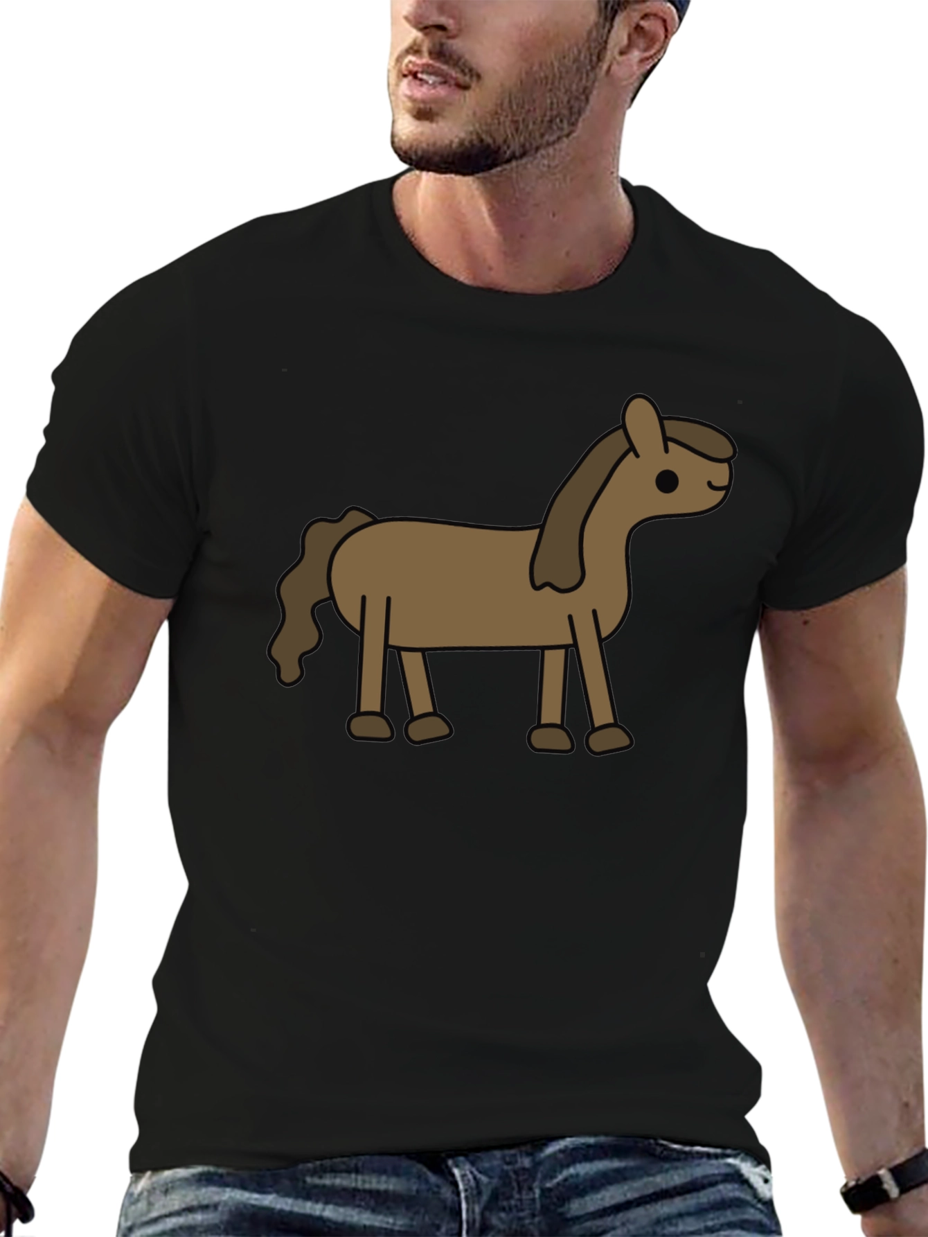 Cartoon Horse Graphic Tee - Black Cotton Blend