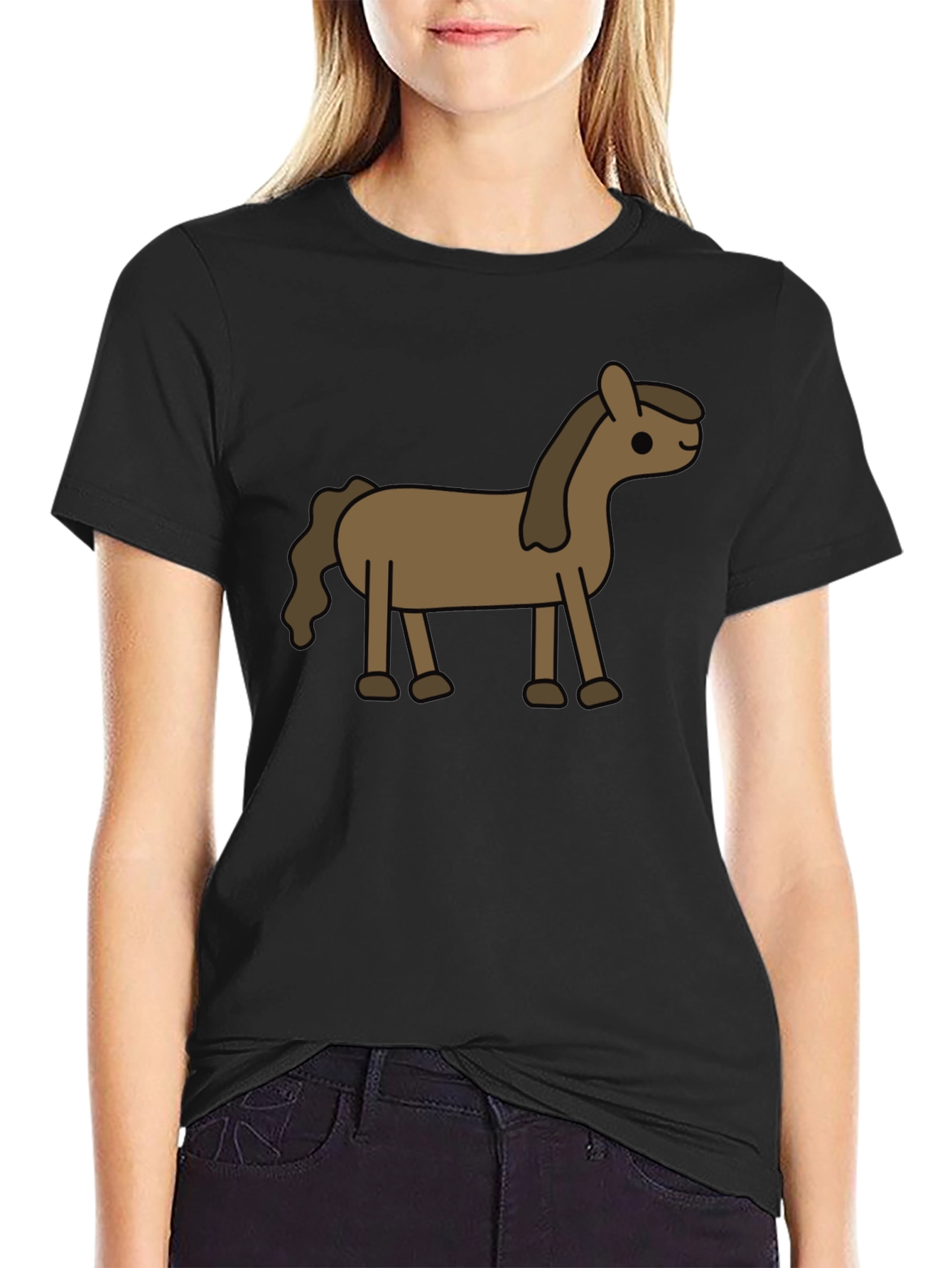 Cartoon Horse Graphic Tee - Black Cotton Blend